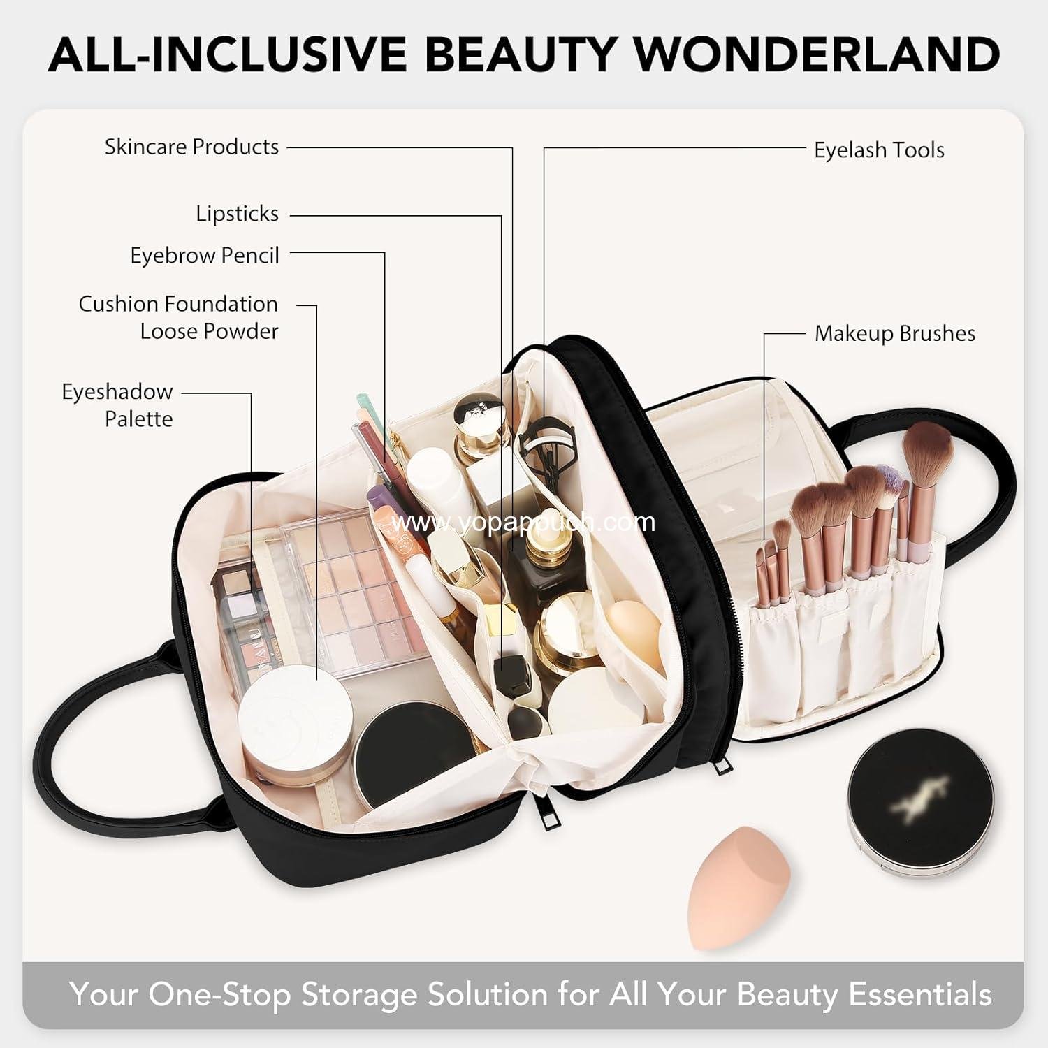 Wholesale Travel Makeup Bag for Women - Large Capacity Portable Organizer, Waterproof Open Flat Cosmetic Pouch, Vertical Free-Standing Brush Holder for Easy Access - Black Manufacturer