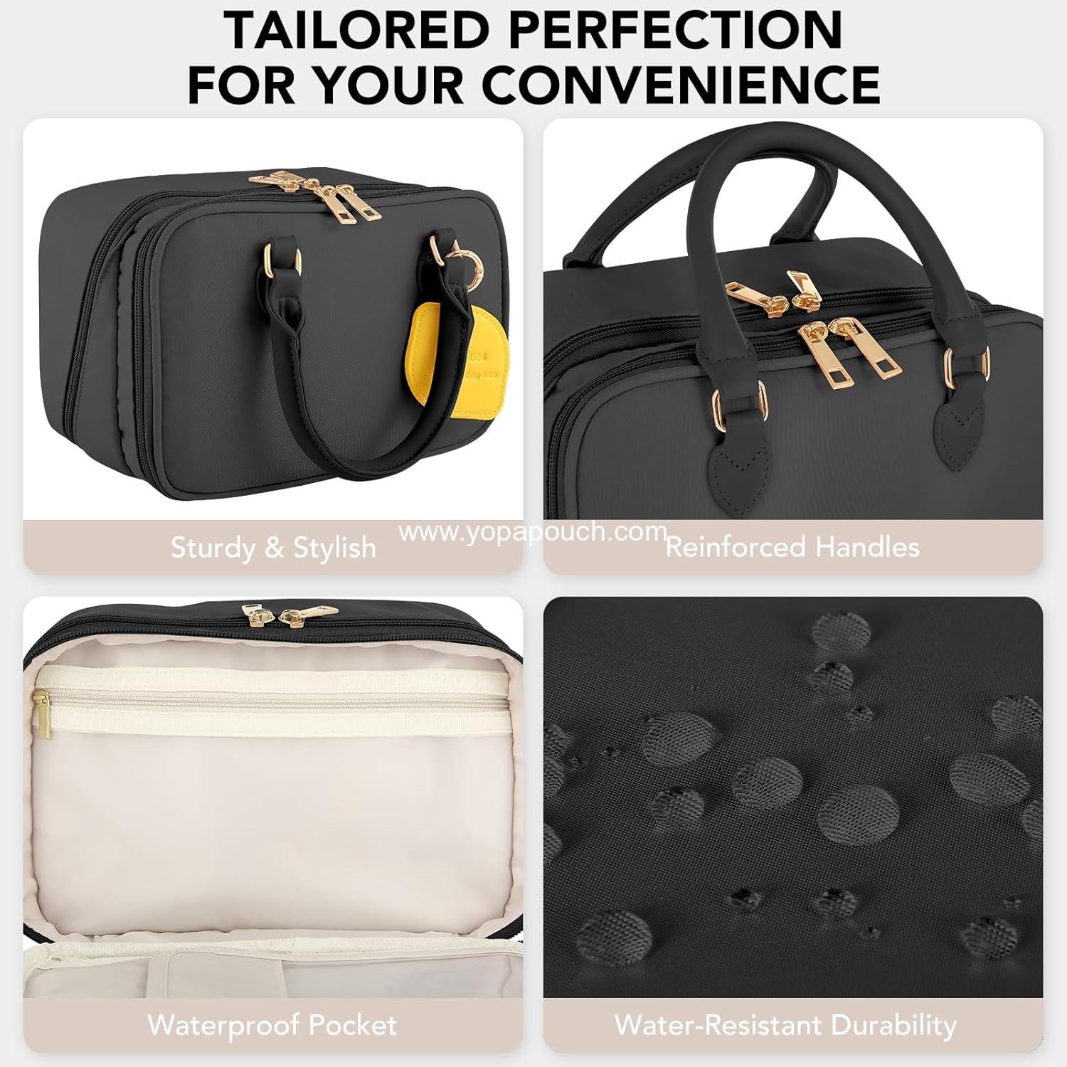 Wholesale Travel Makeup Bag for Women - Large Capacity Portable Organizer, Waterproof Open Flat Cosmetic Pouch, Vertical Free-Standing Brush Holder for Easy Access - Black Manufacturer