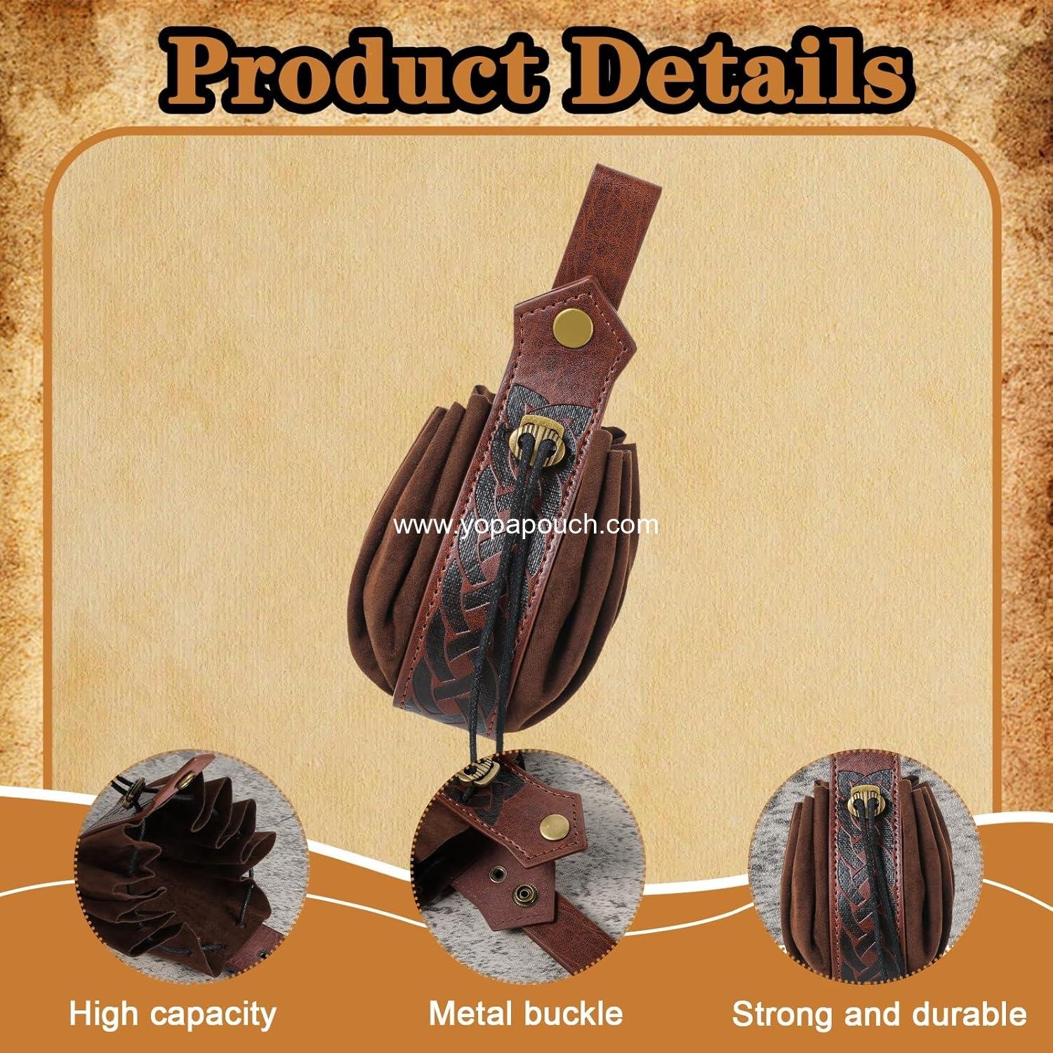 Wholesale Medieval Faux Leather Pouch, Retro Nordic Coin Purse, Portable Drawstring Dice Bag for Costumes (Brown) - Supplier