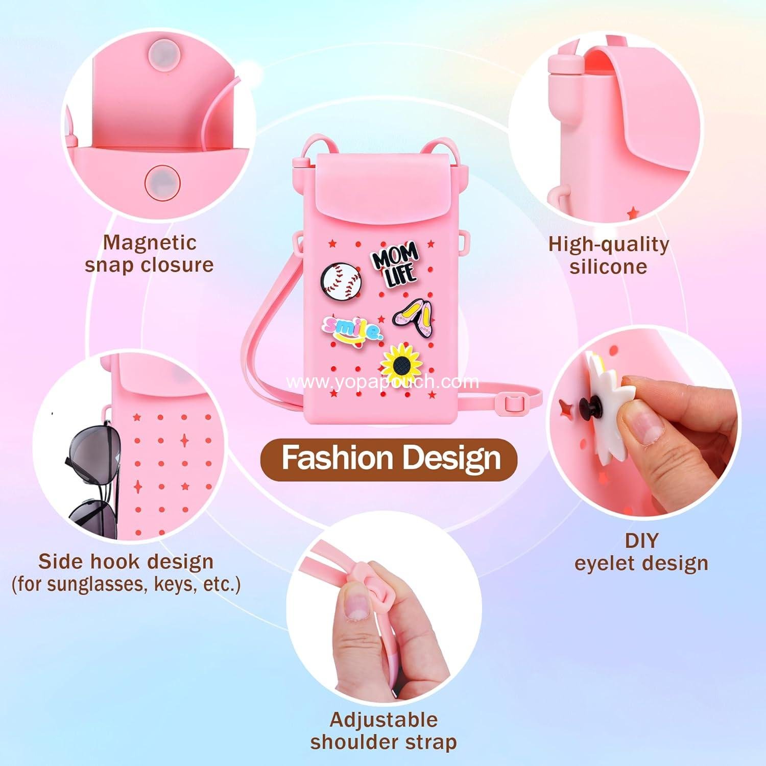 OEM Silicone Crossbody Bag for Women with Magnetic Closure, Adjustable Strap Fits iPhone, Cute Mini Phone Crossbody Bag with DIY Charms for Travel, Beach, Stocking Stuffer Gift Supplier