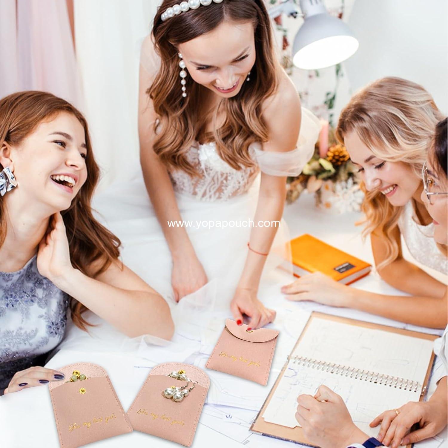 Wholesale 10-Pack Velvet Jewelry Pouches for Bridesmaid Gifts - Gold-Stamped Small Bags with Button for Necklace, Bracelet, Earring Packaging - Bridal Party Favors (Pink) - Supplier