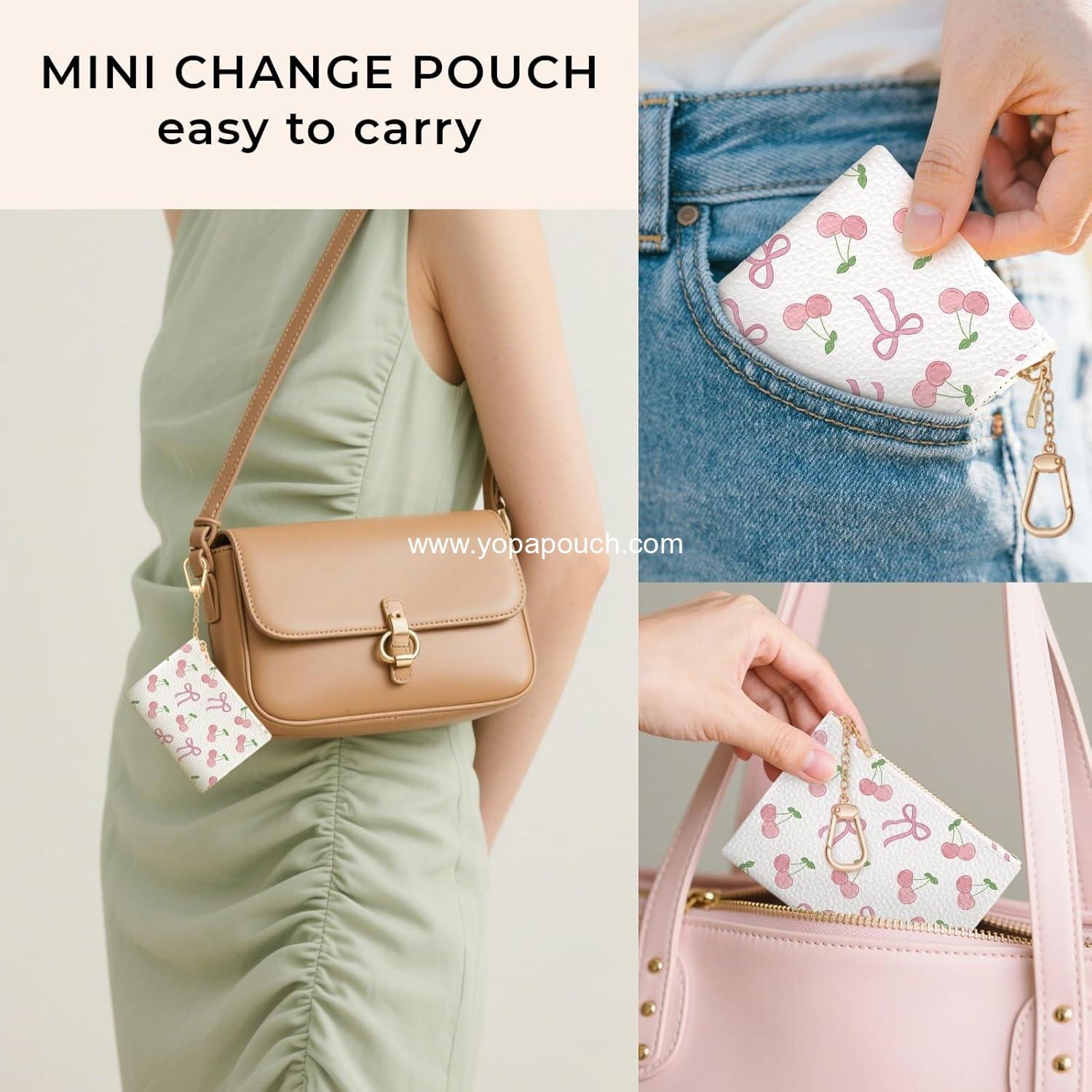 Wholesale Kawaii Bow Keychain Coin Purse for Women, Small PU Leather Change Pouch, Zipper Travel Wallet for Girls, Tiny Zip Pocket Coin Holder with Key Ring, Supplier