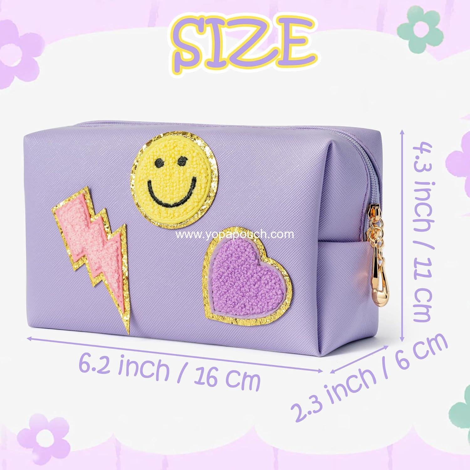 Wholesale Portable Waterproof Makeup Bag, Small Toiletry Organizer with Smile Lightning Heart Design, Daily Use Storage Purse for Women and Girls (Taro Purple) Supplier