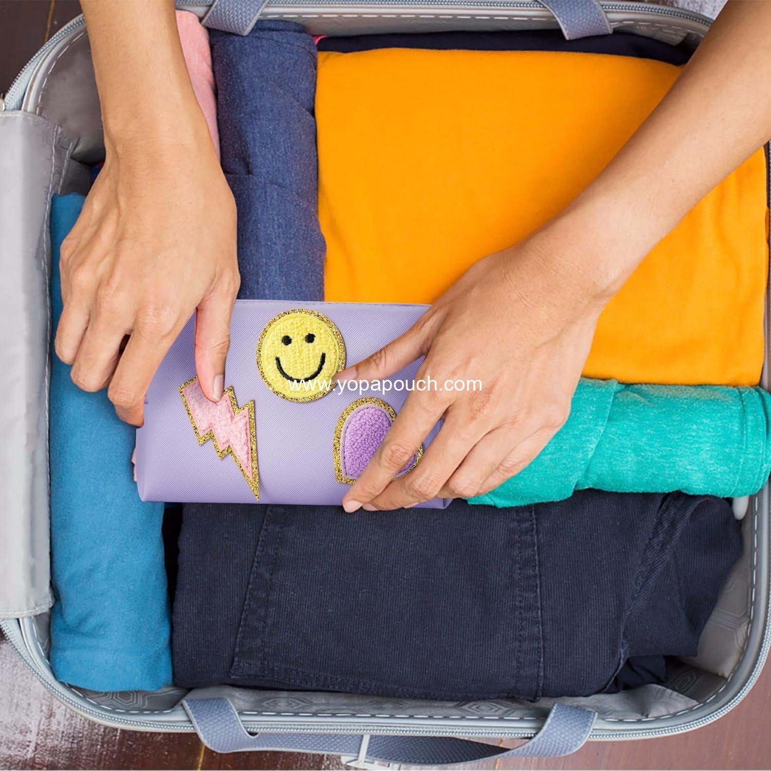 Wholesale Portable Waterproof Makeup Bag, Small Toiletry Organizer with Smile Lightning Heart Design, Daily Use Storage Purse for Women and Girls (Taro Purple) Supplier