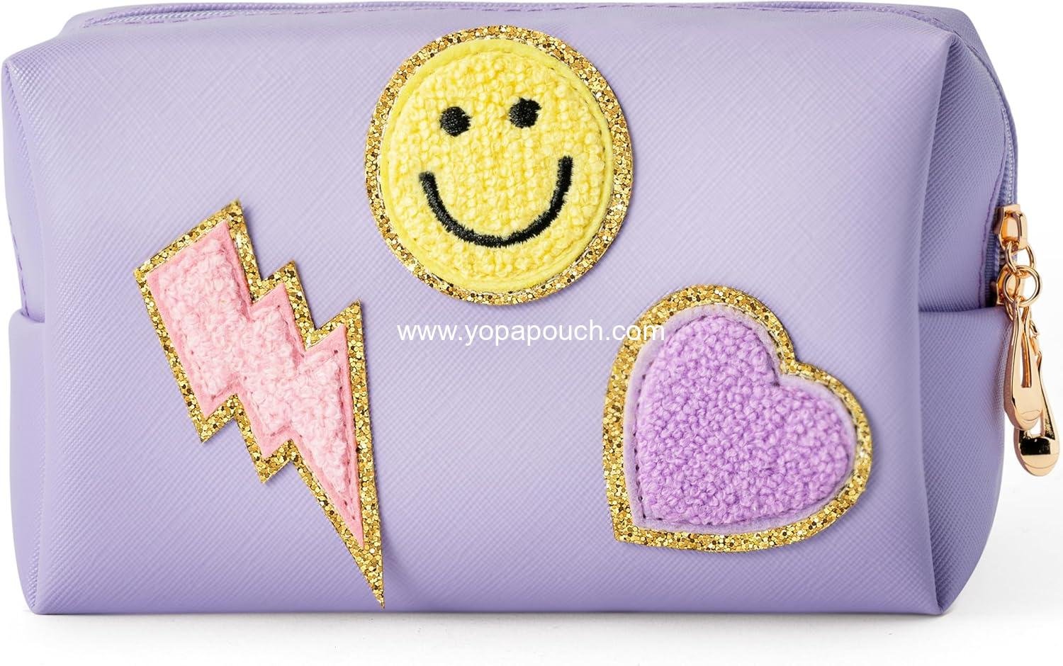 Wholesale Portable Waterproof Makeup Bag, Small Toiletry Organizer with Smile Lightning Heart Design, Daily Use Storage Purse for Women and Girls (Taro Purple) Supplier
