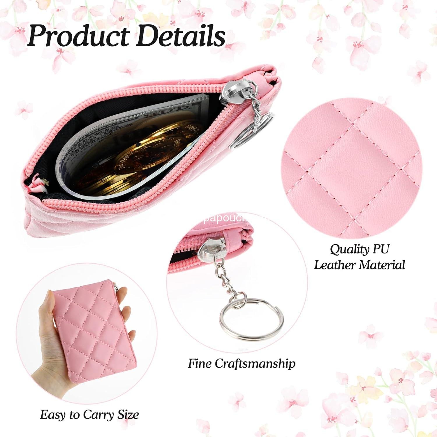 Wholesale Pink Zipper Coin Purse for Women - Rhombus PU Leather Mini Coin Bag with Keyring - Cute Change Pouch for Girls - ODM Supplier