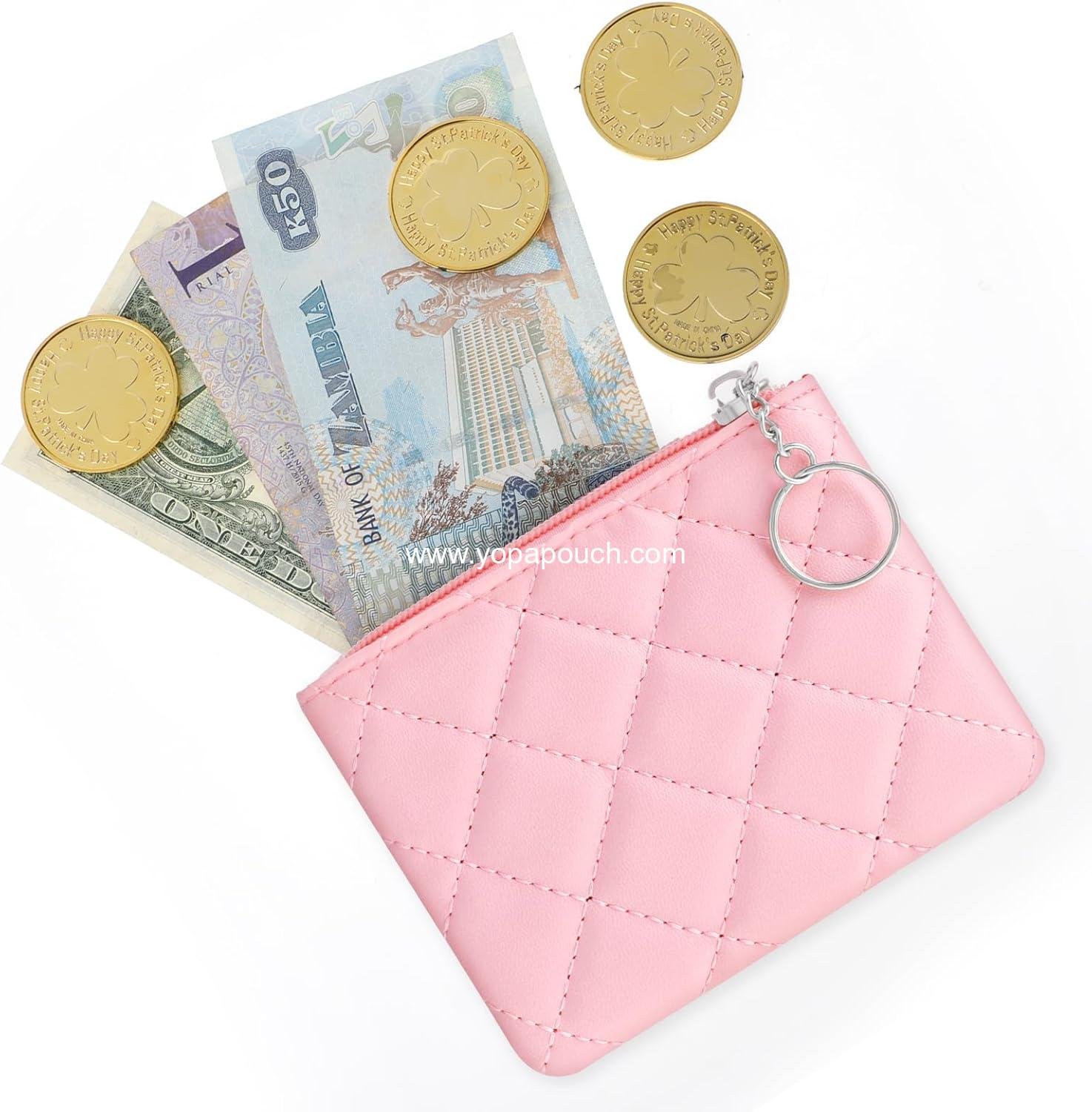 Wholesale Pink Zipper Coin Purse for Women - Rhombus PU Leather Mini Coin Bag with Keyring - Cute Change Pouch for Girls - ODM Supplier