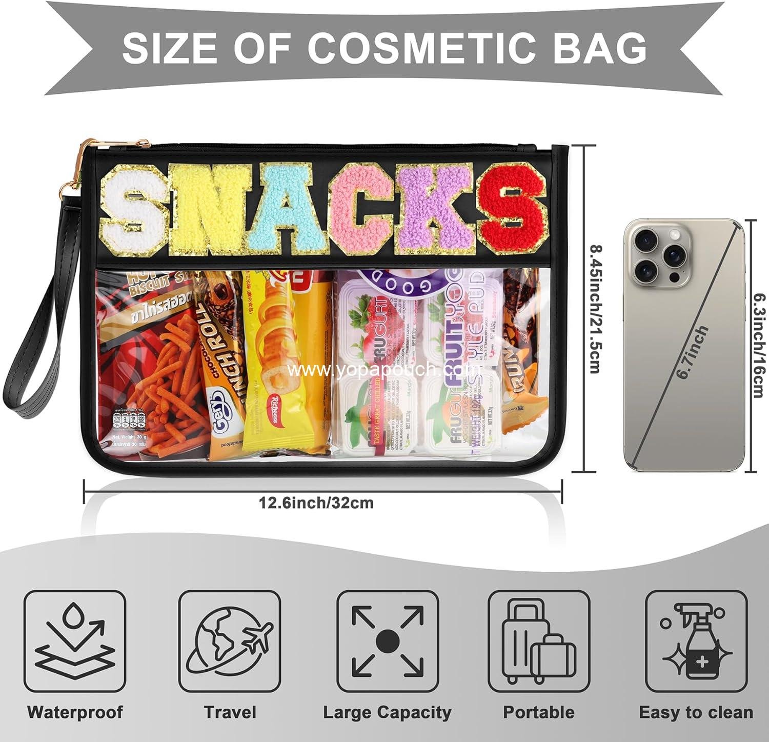 Wholesale Waterproof Clear Chenille Varsity Letter Flat Pouch - 12.2×8.46 inch Snack Bag for Travel with Zipper, Preppy Patch Makeup Cosmetic Tote for Women Girls Supplier