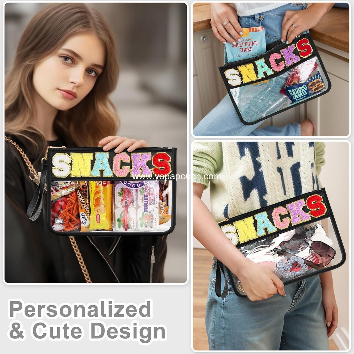 Wholesale Waterproof Clear Chenille Varsity Letter Flat Pouch - 12.2×8.46 inch Snack Bag for Travel with Zipper, Preppy Patch Makeup Cosmetic Tote for Women Girls Supplier