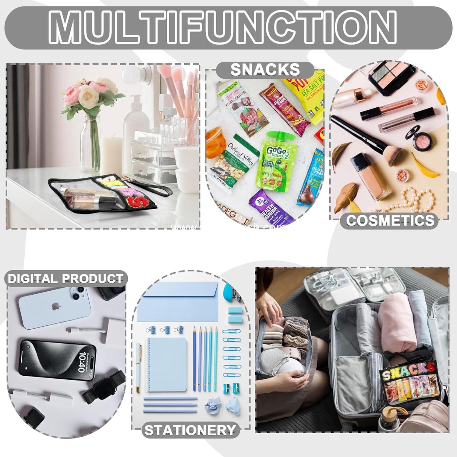 Wholesale Waterproof Clear Chenille Varsity Letter Flat Pouch - 12.2×8.46 inch Snack Bag for Travel with Zipper, Preppy Patch Makeup Cosmetic Tote for Women Girls Supplier