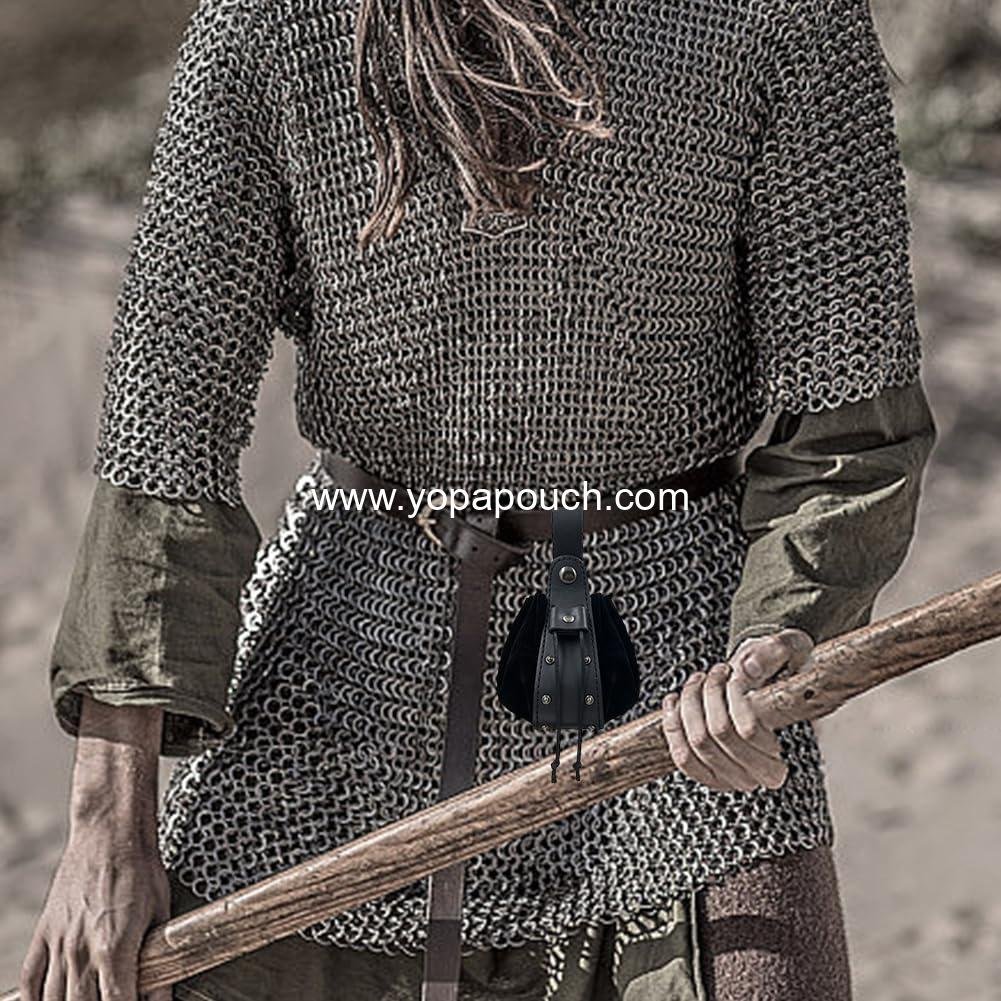 Wholesale Medieval Drawstring Belt Pouch Portable Coin Purse PU Leather Rivet Storage Waist Pack Bag for Men Women Costume LARP Vintage Viking (Black) Supplier