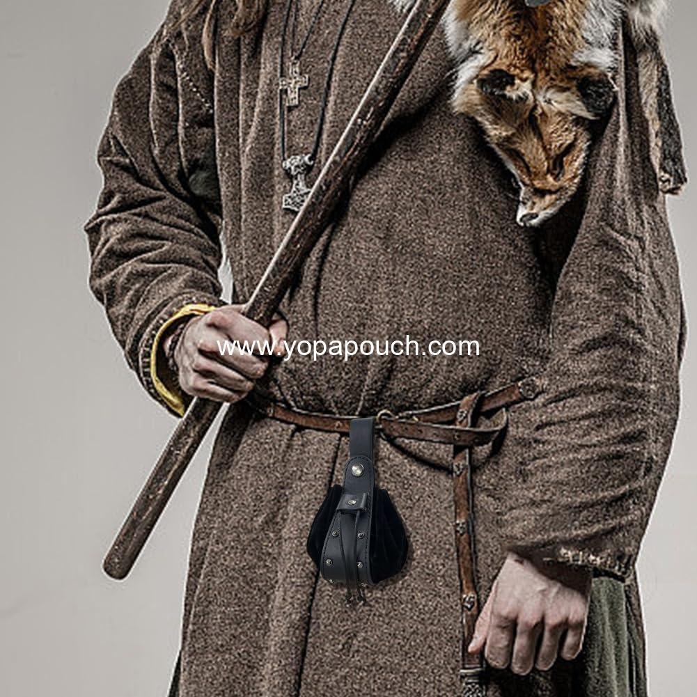 Wholesale Medieval Drawstring Belt Pouch Portable Coin Purse PU Leather Rivet Storage Waist Pack Bag for Men Women Costume LARP Vintage Viking (Black) Supplier