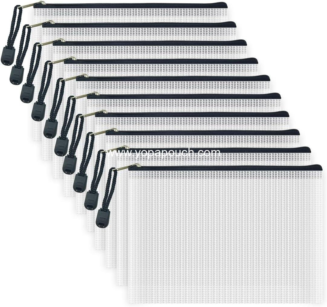 Wholesale 10 Pcs Waterproof Zipper File Bags, Plastic Mesh Pouches for Office and School, Board Game Storage (B6 Size 7.6''x5.3'', White and Black) Supplier