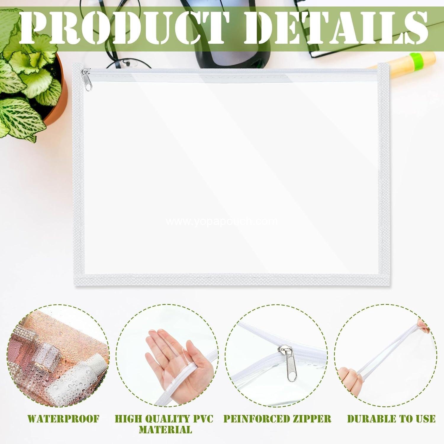 Wholesale 12 Pcs Clear Zipper Pouches PVC Makeup Envelopes Multi-purpose Pencil Cases for Document Organization (10 x 8 x 0.2 Inch, White) Supplier