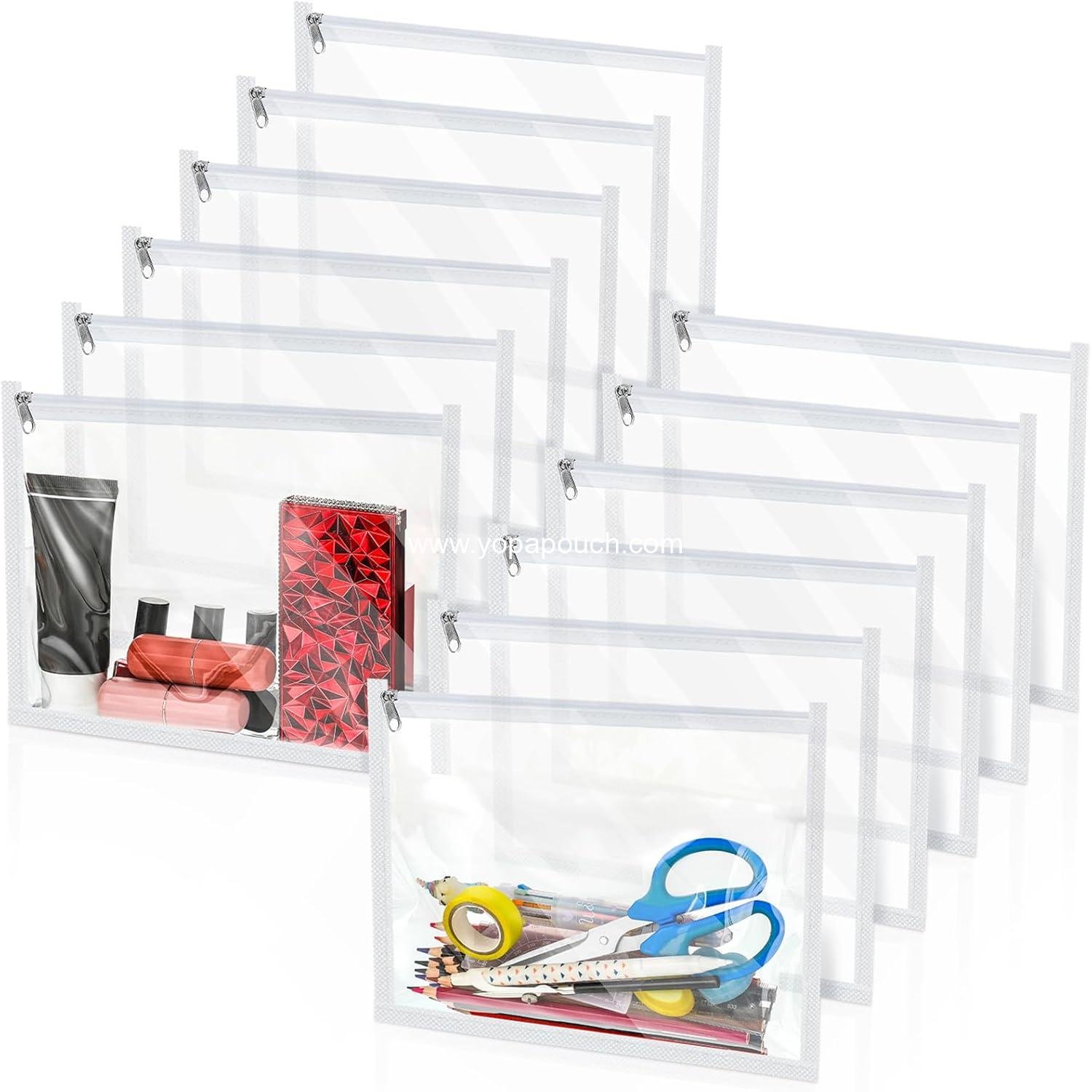 Wholesale 12 Pcs Clear Zipper Pouches PVC Makeup Envelopes Multi-purpose Pencil Cases for Document Organization (10 x 8 x 0.2 Inch, White) Supplier