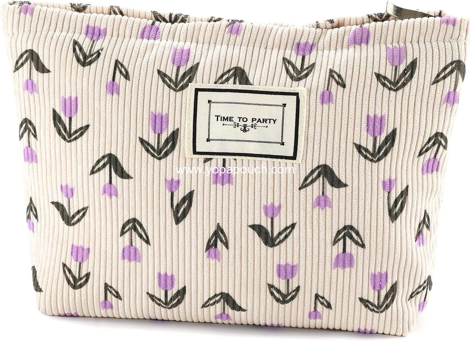 Wholesale Flower Makeup Bag Large Cosmetic Pouch for Women Cute Zipper Skincare Organizer Portable Toiletry Bag Purple Floral Corduroy Aesthetic Supplier