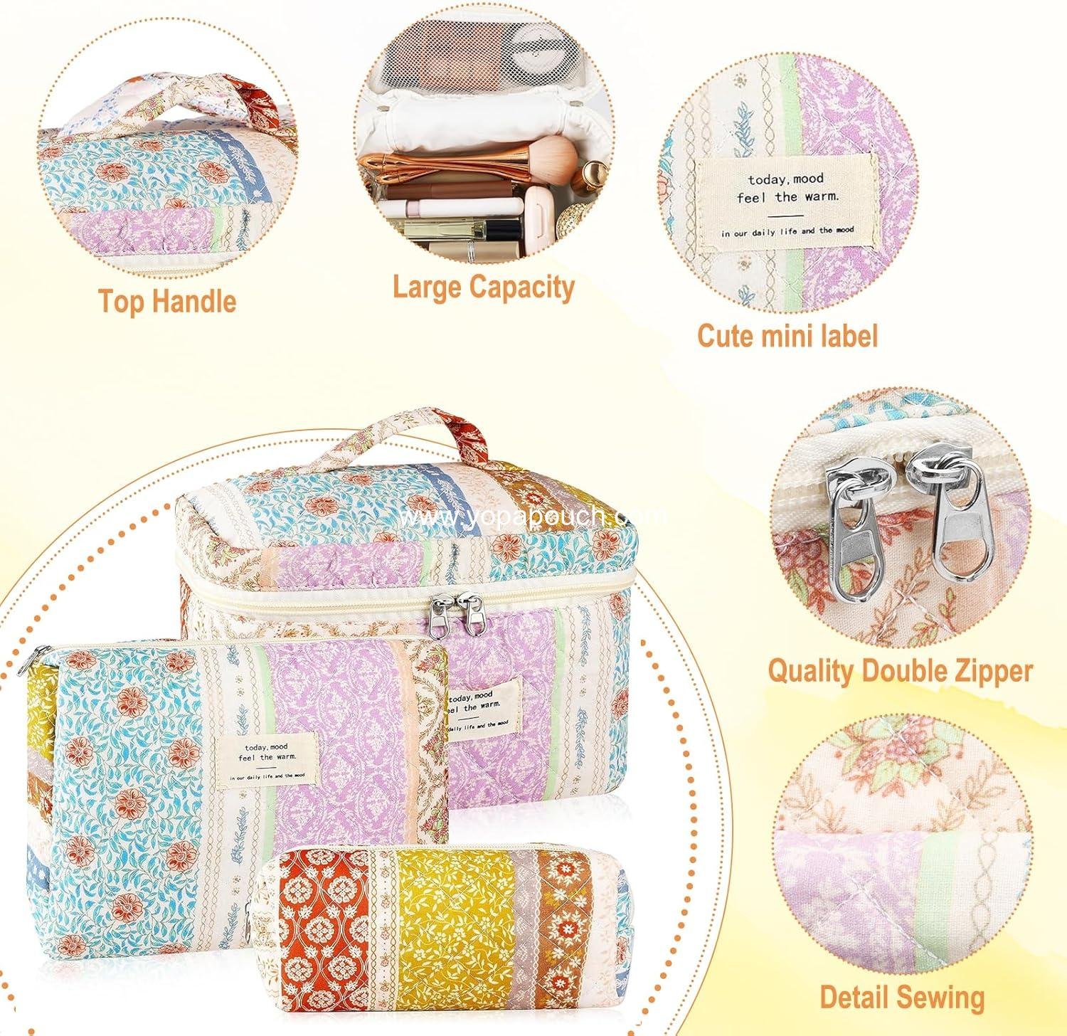 Wholesale 3Pc Floral Makeup Bag Set for Women - Large and Small Quilted Toiletry Pouches, Aesthetic Flower Travel Cosmetic Organizers - Cute Portable Essential Storage - Factory
