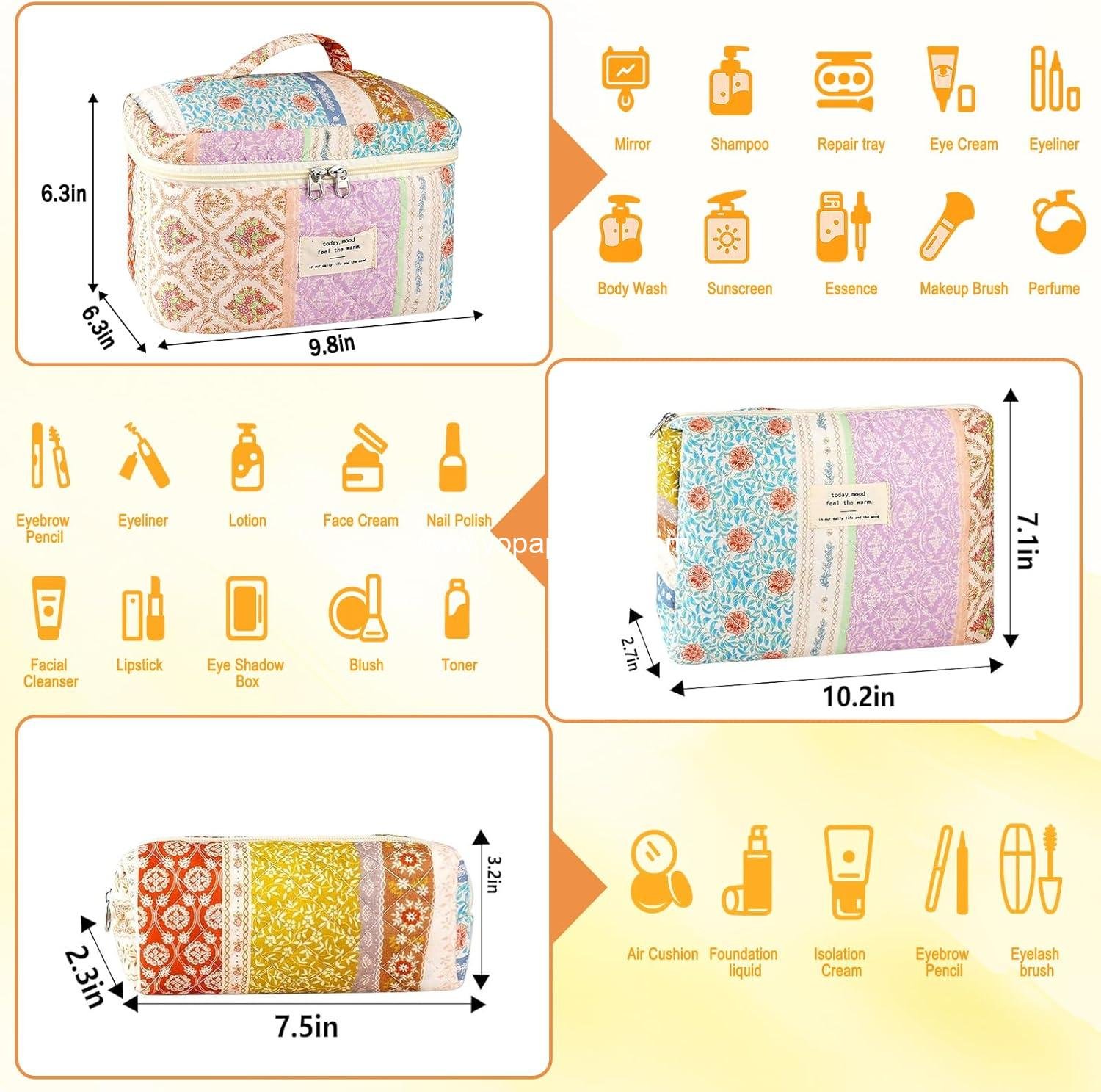 Wholesale 3Pc Floral Makeup Bag Set for Women - Large and Small Quilted Toiletry Pouches, Aesthetic Flower Travel Cosmetic Organizers - Cute Portable Essential Storage - Factory