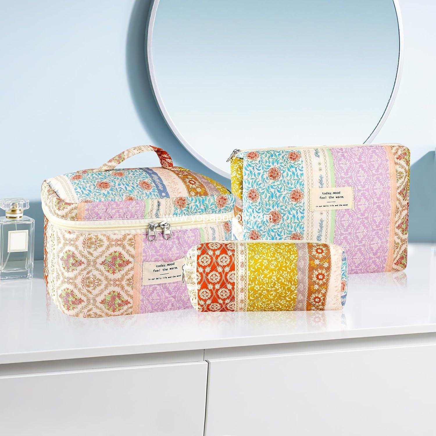Wholesale 3Pc Floral Makeup Bag Set for Women - Large and Small Quilted Toiletry Pouches, Aesthetic Flower Travel Cosmetic Organizers - Cute Portable Essential Storage - Factory