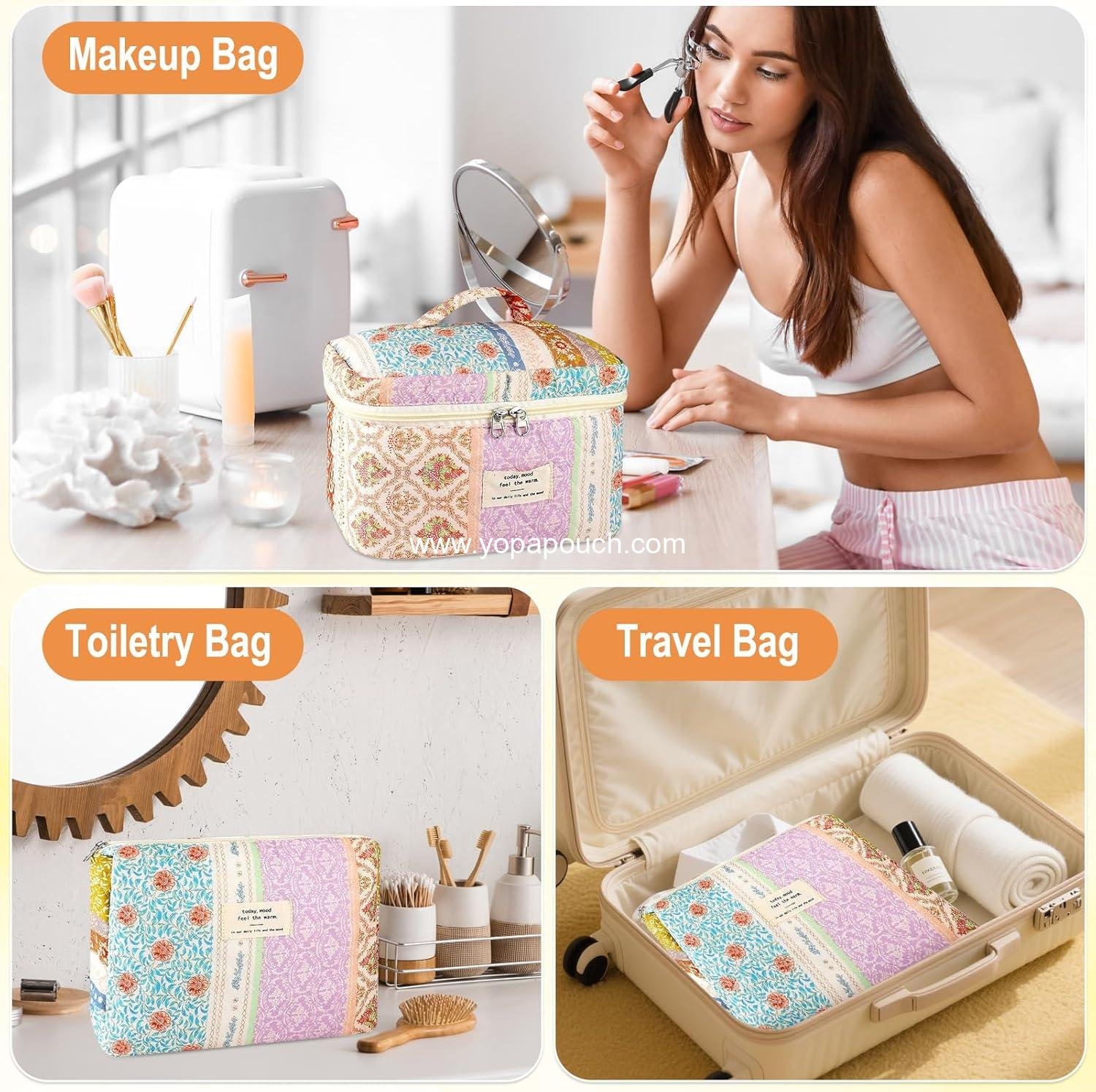 Wholesale 3Pc Floral Makeup Bag Set for Women - Large and Small Quilted Toiletry Pouches, Aesthetic Flower Travel Cosmetic Organizers - Cute Portable Essential Storage - Factory