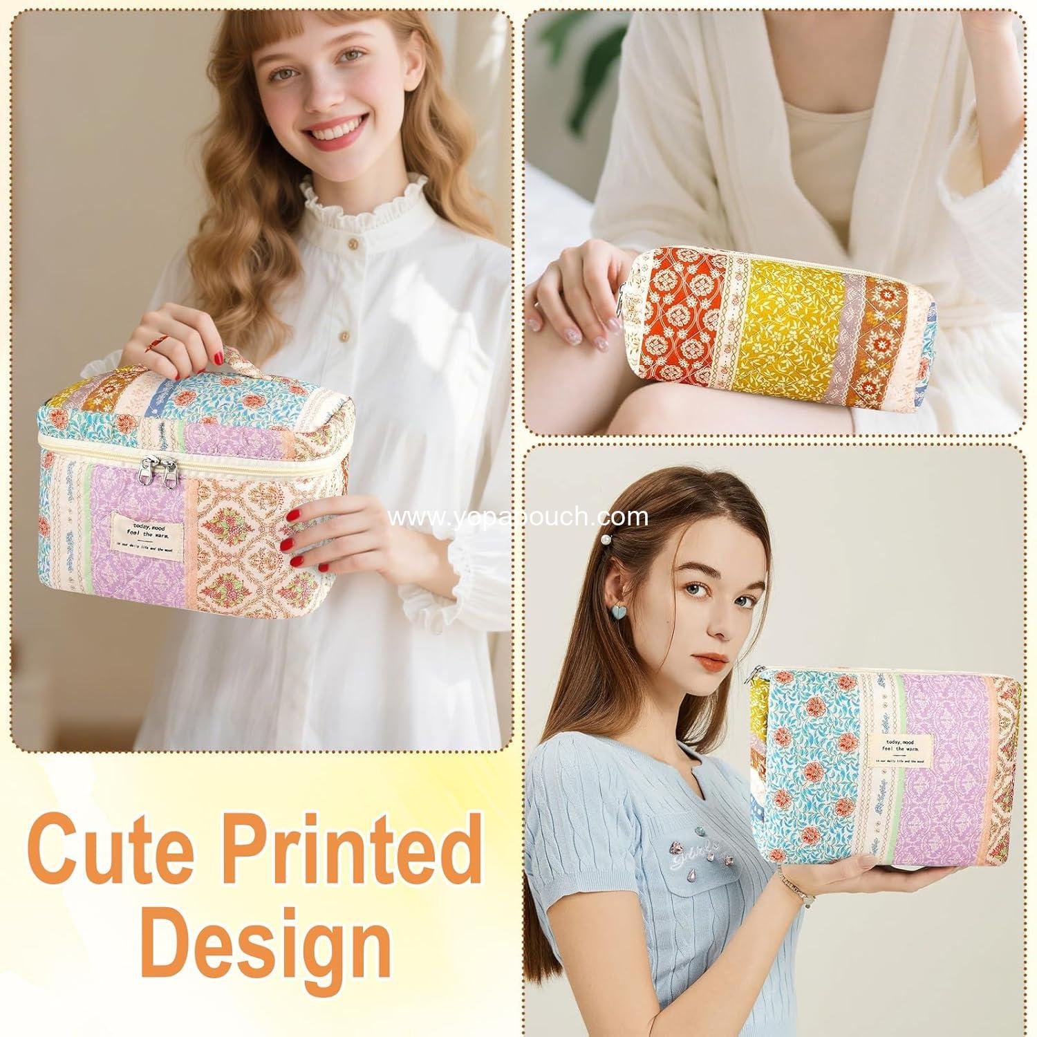 Wholesale 3Pc Floral Makeup Bag Set for Women - Large and Small Quilted Toiletry Pouches, Aesthetic Flower Travel Cosmetic Organizers - Cute Portable Essential Storage - Factory