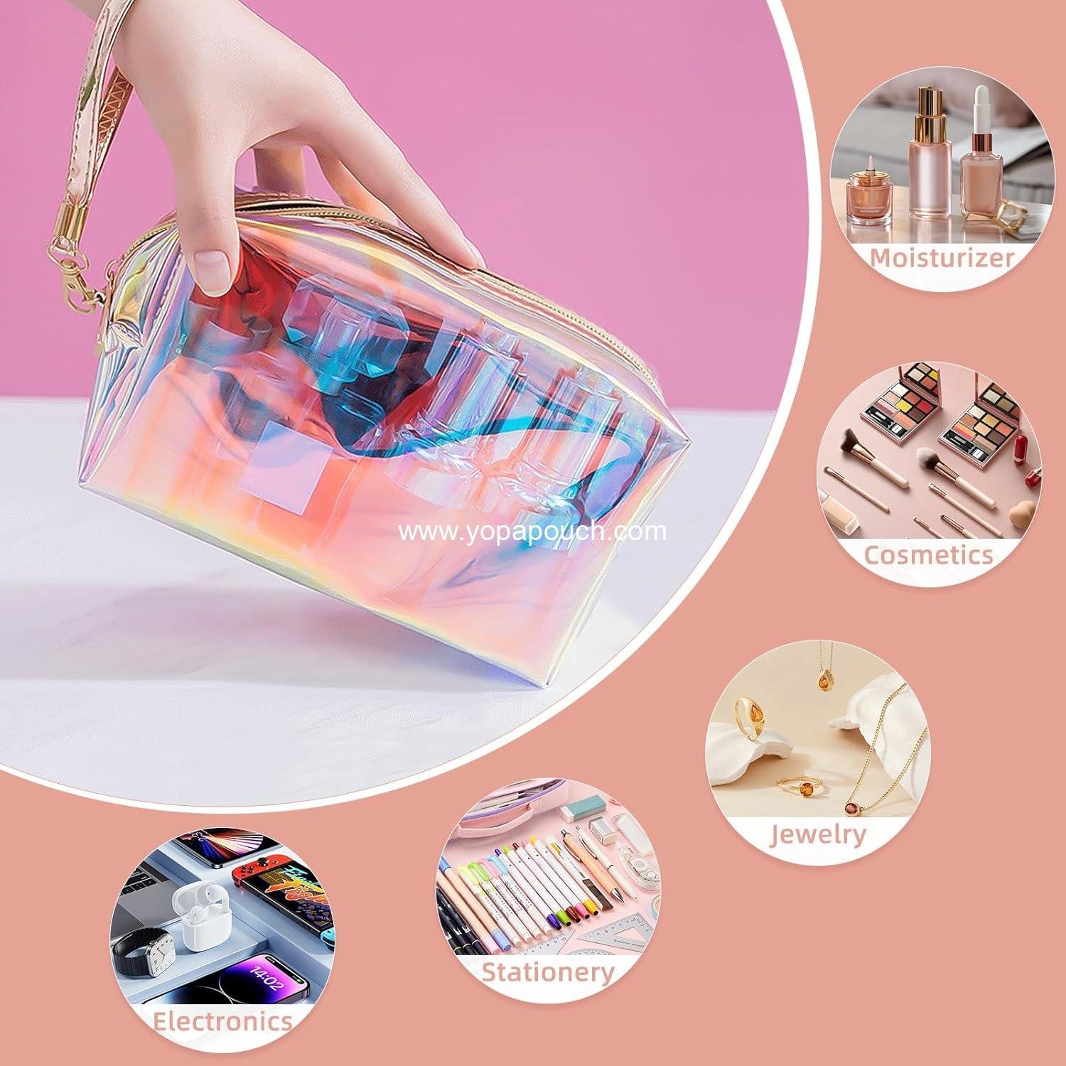 Wholesale Clear Iridescent Holographic Makeup Bag - Thick PVC Small Clear Toiletry Bag for Travel, Waterproof Cosmetic Pouch with Durable Zipper, Portable Transparent Organizer for Women, 7.3 x 3 x 4.1 Inch - Supplier