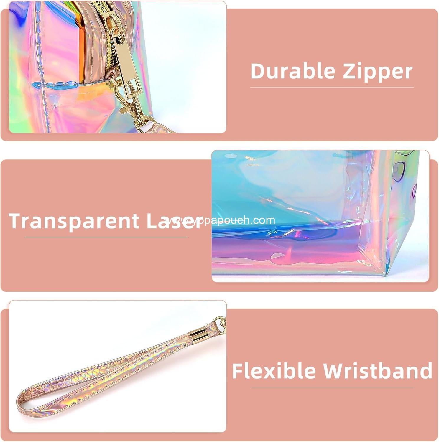 Wholesale Clear Iridescent Holographic Makeup Bag - Thick PVC Small Clear Toiletry Bag for Travel, Waterproof Cosmetic Pouch with Durable Zipper, Portable Transparent Organizer for Women, 7.3 x 3 x 4.1 Inch - Supplier
