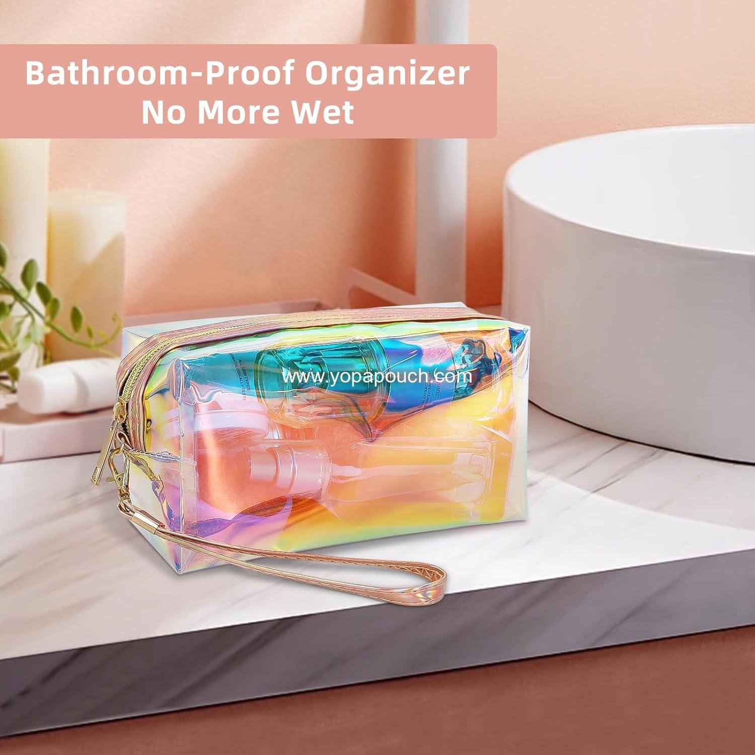 Wholesale Clear Iridescent Holographic Makeup Bag - Thick PVC Small Clear Toiletry Bag for Travel, Waterproof Cosmetic Pouch with Durable Zipper, Portable Transparent Organizer for Women, 7.3 x 3 x 4.1 Inch - Supplier