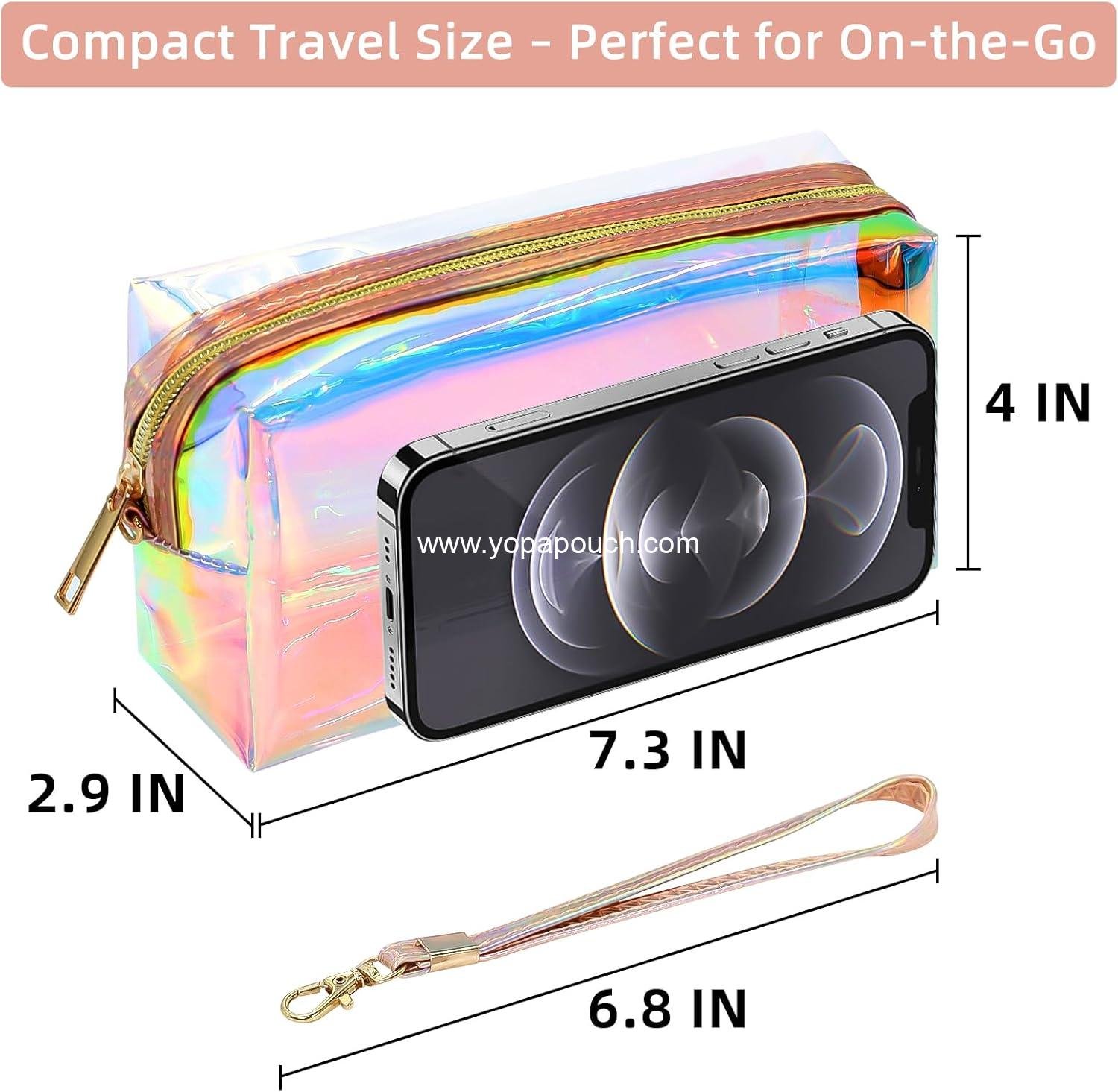 Wholesale Clear Iridescent Holographic Makeup Bag - Thick PVC Small Clear Toiletry Bag for Travel, Waterproof Cosmetic Pouch with Durable Zipper, Portable Transparent Organizer for Women, 7.3 x 3 x 4.1 Inch - Supplier