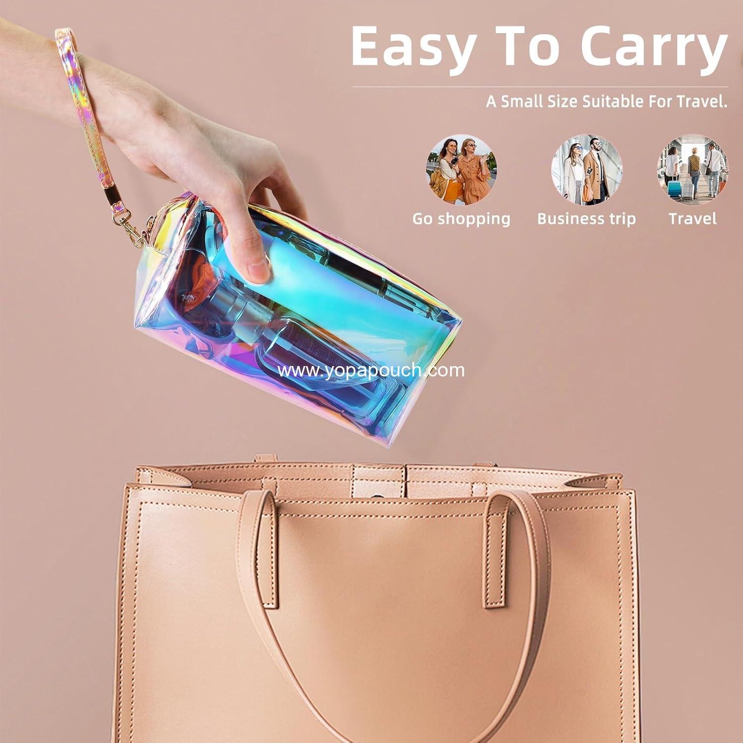 Wholesale Clear Iridescent Holographic Makeup Bag - Thick PVC Small Clear Toiletry Bag for Travel, Waterproof Cosmetic Pouch with Durable Zipper, Portable Transparent Organizer for Women, 7.3 x 3 x 4.1 Inch - Supplier