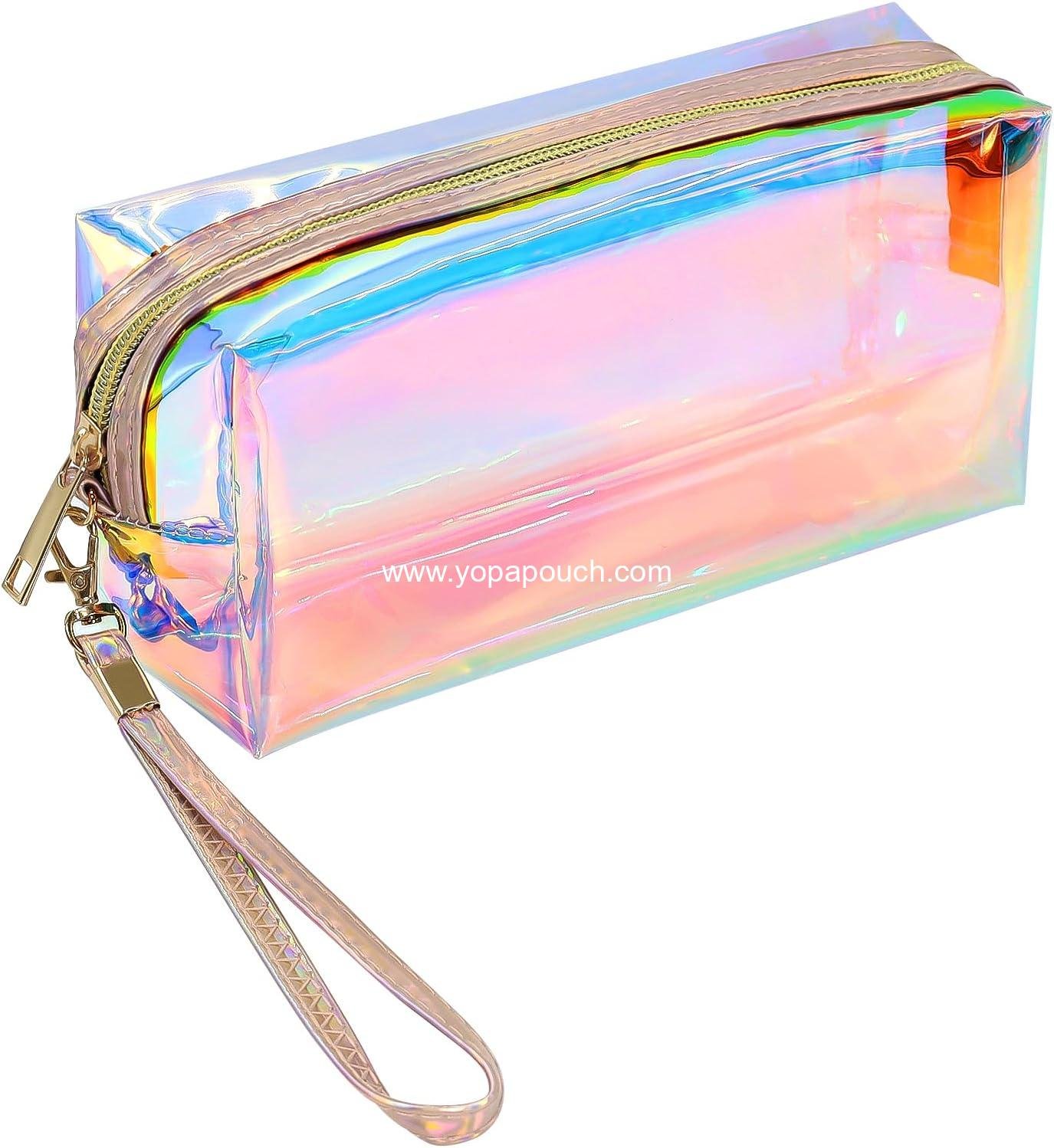 Wholesale Clear Iridescent Holographic Makeup Bag - Thick PVC Small Clear Toiletry Bag for Travel, Waterproof Cosmetic Pouch with Durable Zipper, Portable Transparent Organizer for Women, 7.3 x 3 x 4.1 Inch - Supplier