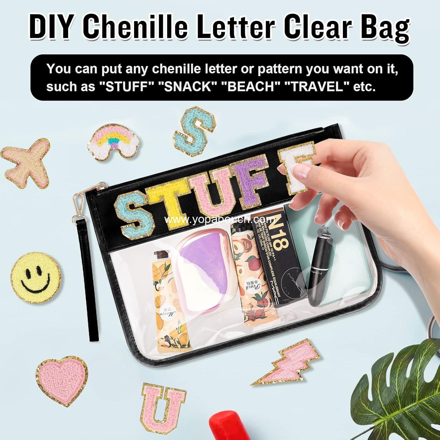 Wholesale Clear PVC Flat Pouch - Travel Makeup Bag with Wristlet, DIY Chenille Letter Design, Waterproof Toiletry Cosmetic Pouch for Women Girls (Black) - Supplier