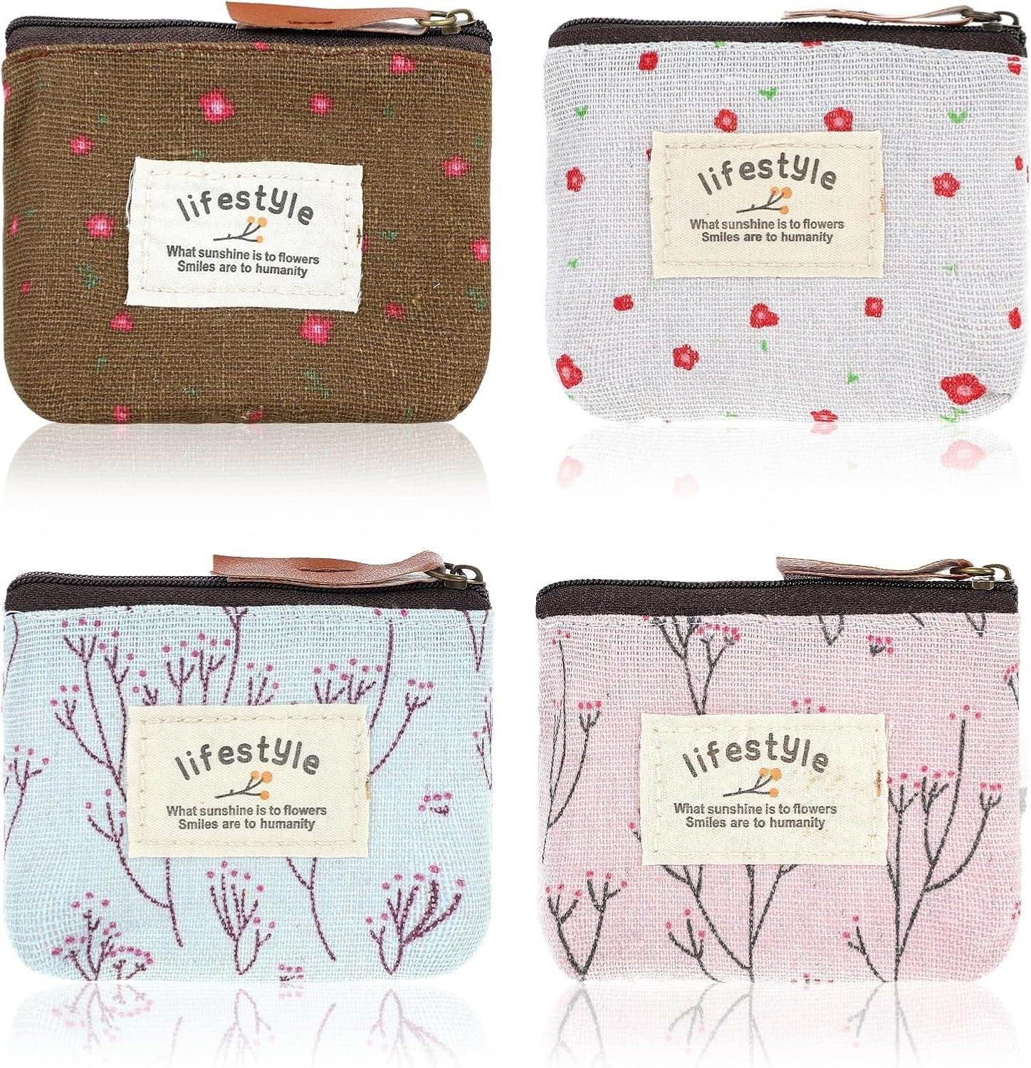 Wholesale Mini Makeup Bag Set, 4Pcs Linen Floral Pouch, Small Cosmetic Bag with Zipper, Portable Toiletry Organizer, Cute Coin Purse, Fabric Storage Pouch for Girls and Women, Factory