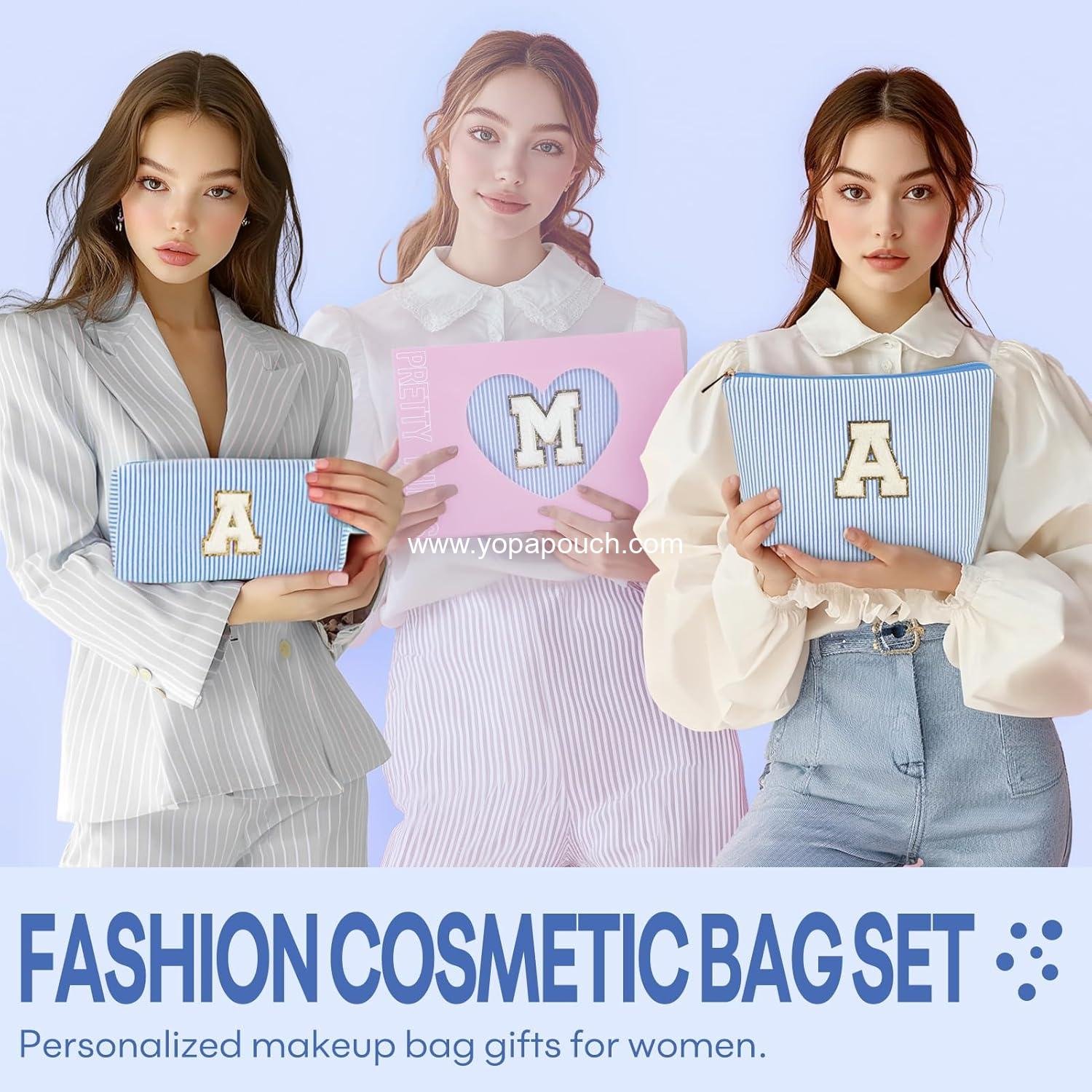 Wholesale 2 PCS Initial Makeup Bags for Women - Cosmetic Travel Toiletry Pouch - Personalized Cute Makeup Bag - Gifts for Girlfriend, Wife, Moms, Bridesmaid - Retirement Travel Gifts - Blue Supplier