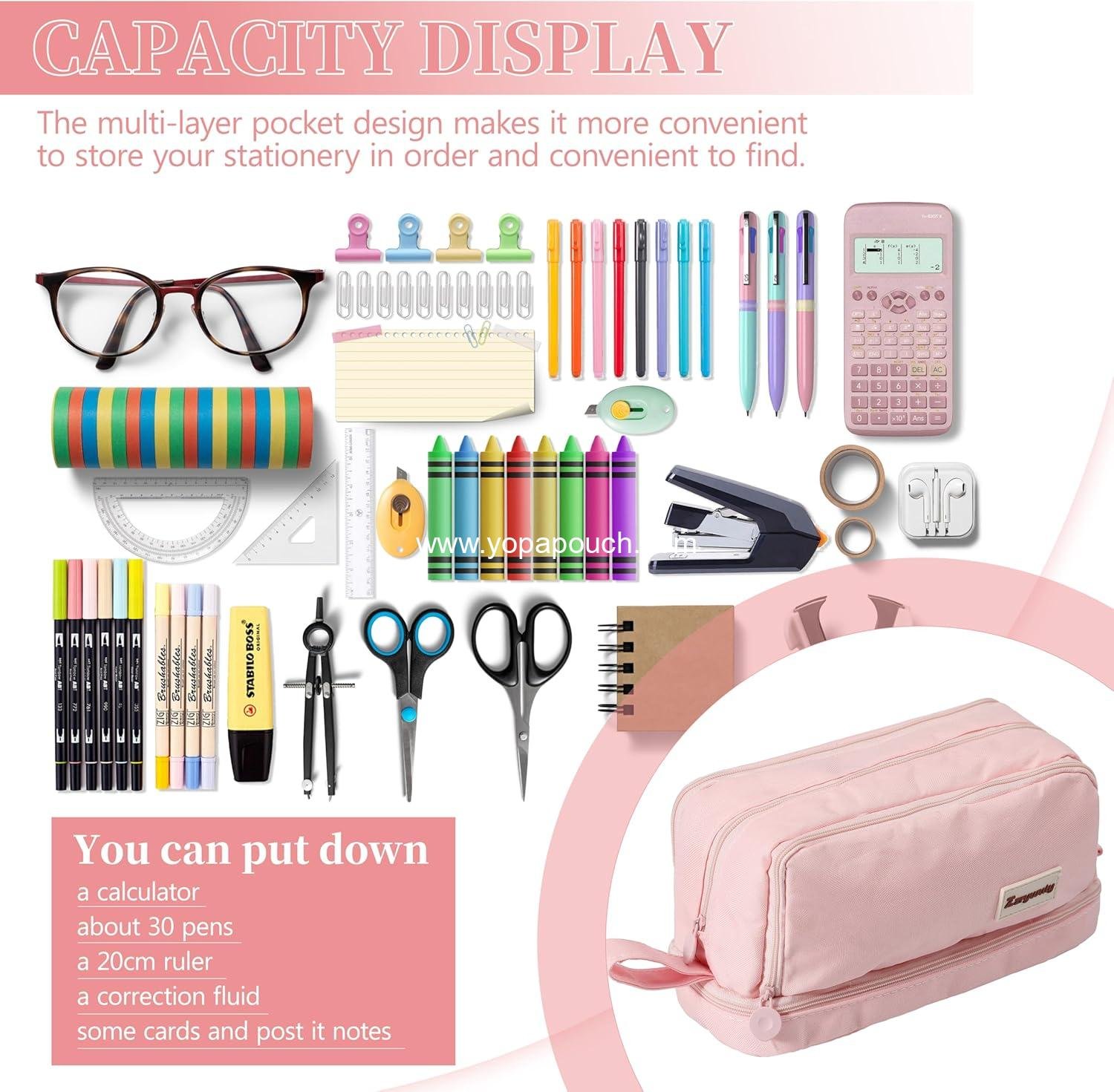 OEM Pink Large Capacity Pencil Case with 4 Compartments, Zipper Pouch and Portable Handle, Aesthetic Pencil Organizer for Teens and Adults - Stationery Bag for School Supplier