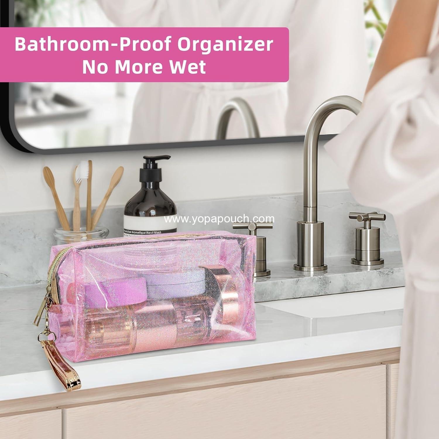 Wholesale Clear Colorful Makeup Bag - Thick PVC Small Clear Toiletry Bag for Travel, Waterproof Cosmetic Organizer with Durable Zipper & Detachable Strap, Transparent Pouch for Women, 7.1x4x3 In Pink Manufacturer