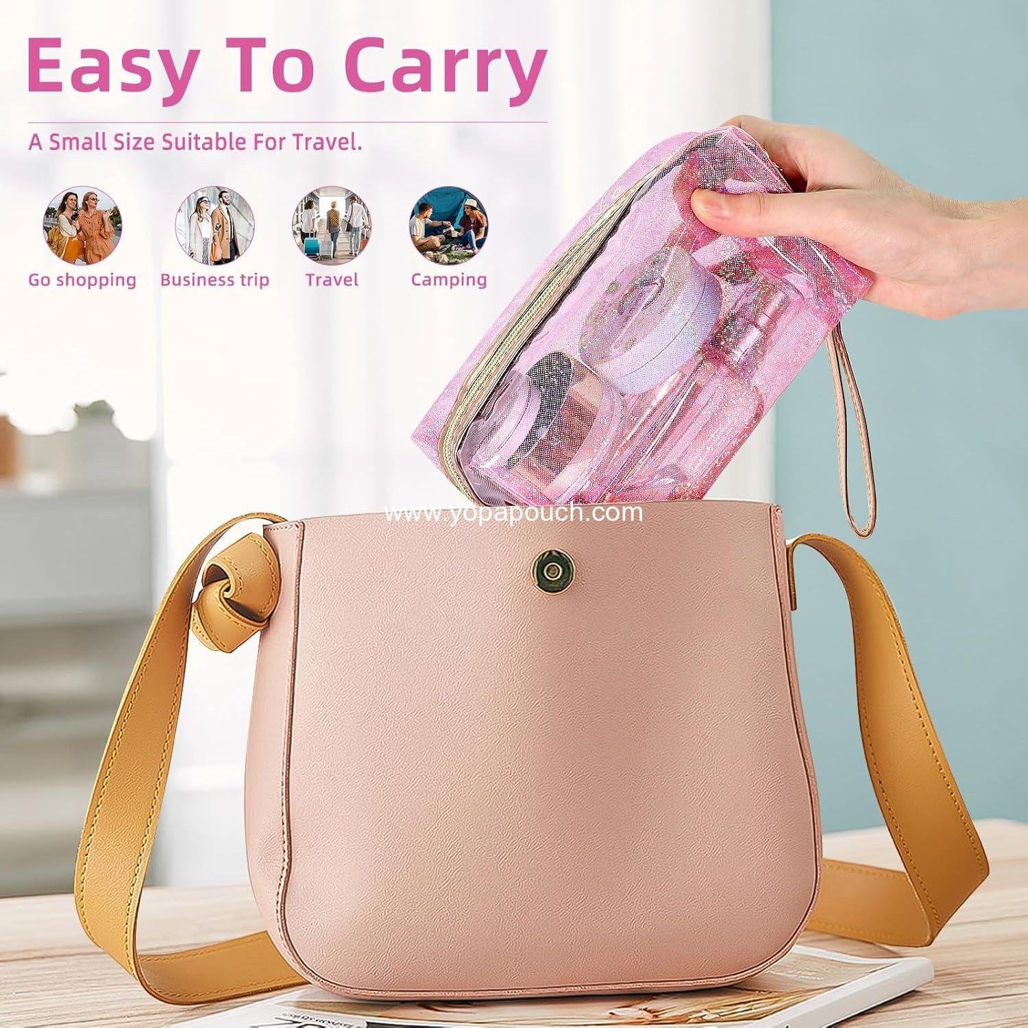 Wholesale Clear Colorful Makeup Bag - Thick PVC Small Clear Toiletry Bag for Travel, Waterproof Cosmetic Organizer with Durable Zipper & Detachable Strap, Transparent Pouch for Women, 7.1x4x3 In Pink Manufacturer
