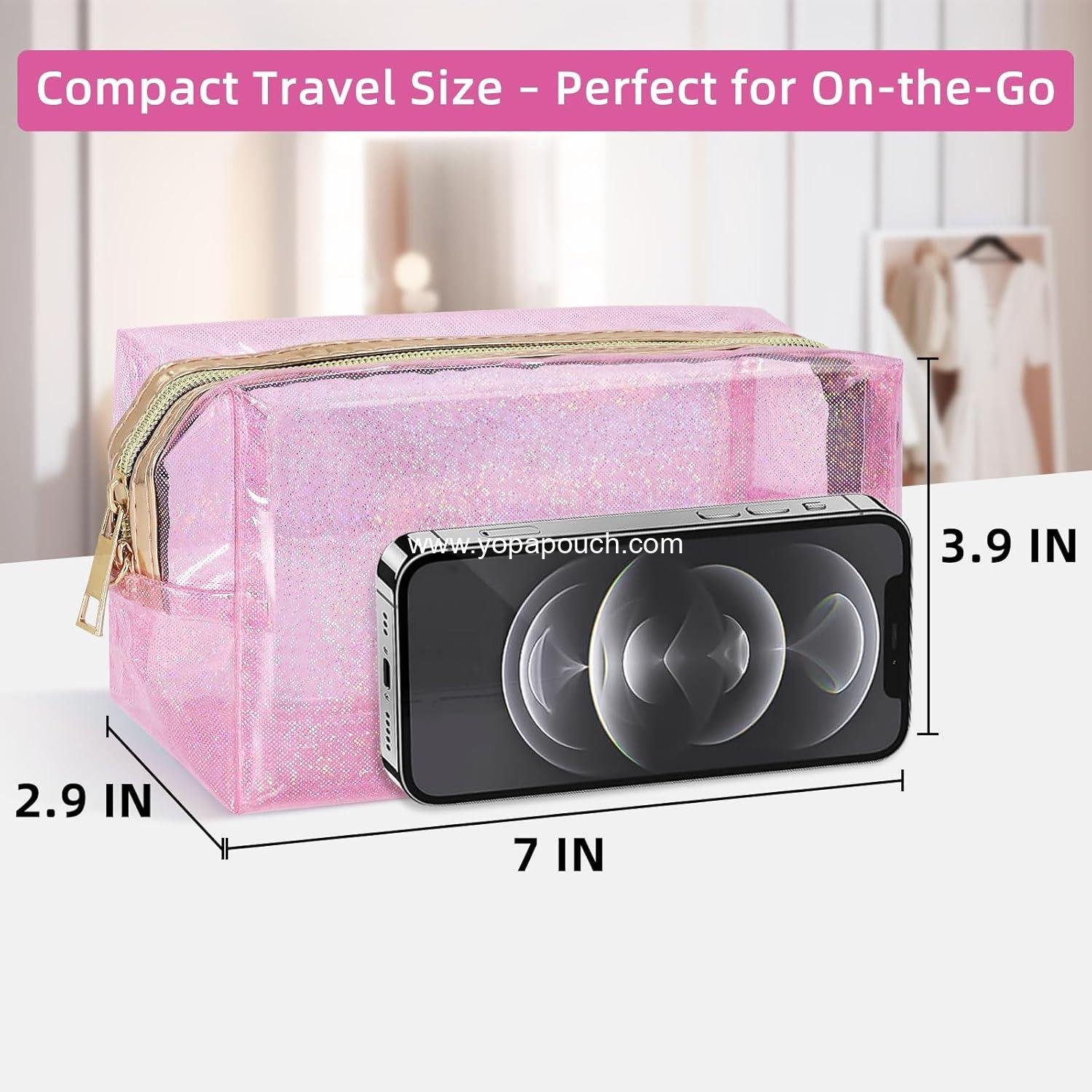 Wholesale Clear Colorful Makeup Bag - Thick PVC Small Clear Toiletry Bag for Travel, Waterproof Cosmetic Organizer with Durable Zipper & Detachable Strap, Transparent Pouch for Women, 7.1x4x3 In Pink Manufacturer