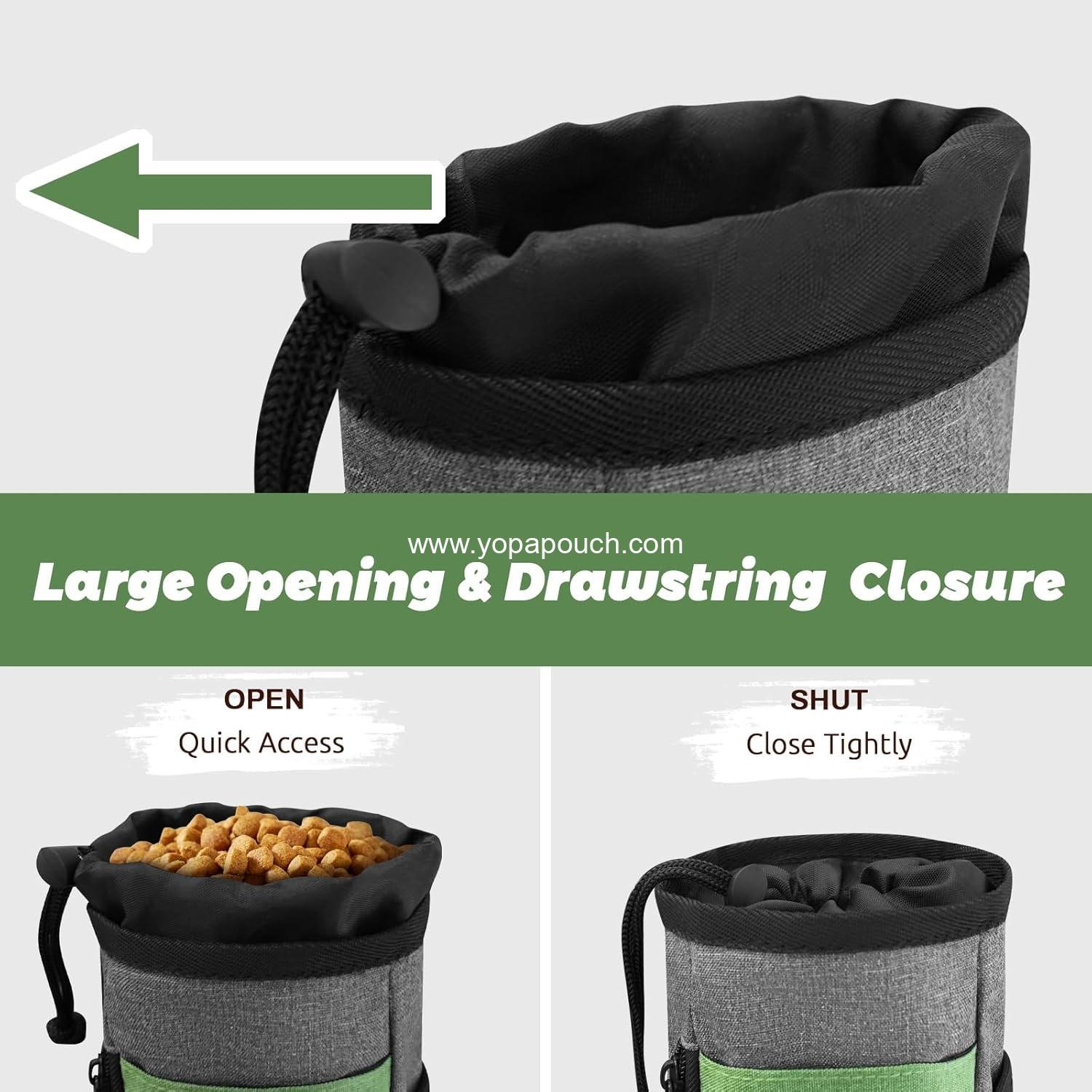 Wholesale Upgraded Large Dog Treat Pouch with Waist Clip - Stylish Green & Grey Design - Spacious Treat Bag for Walks, Outdoor Activities, Travel, and Training - Includes 1 Poop Bag - Supplier