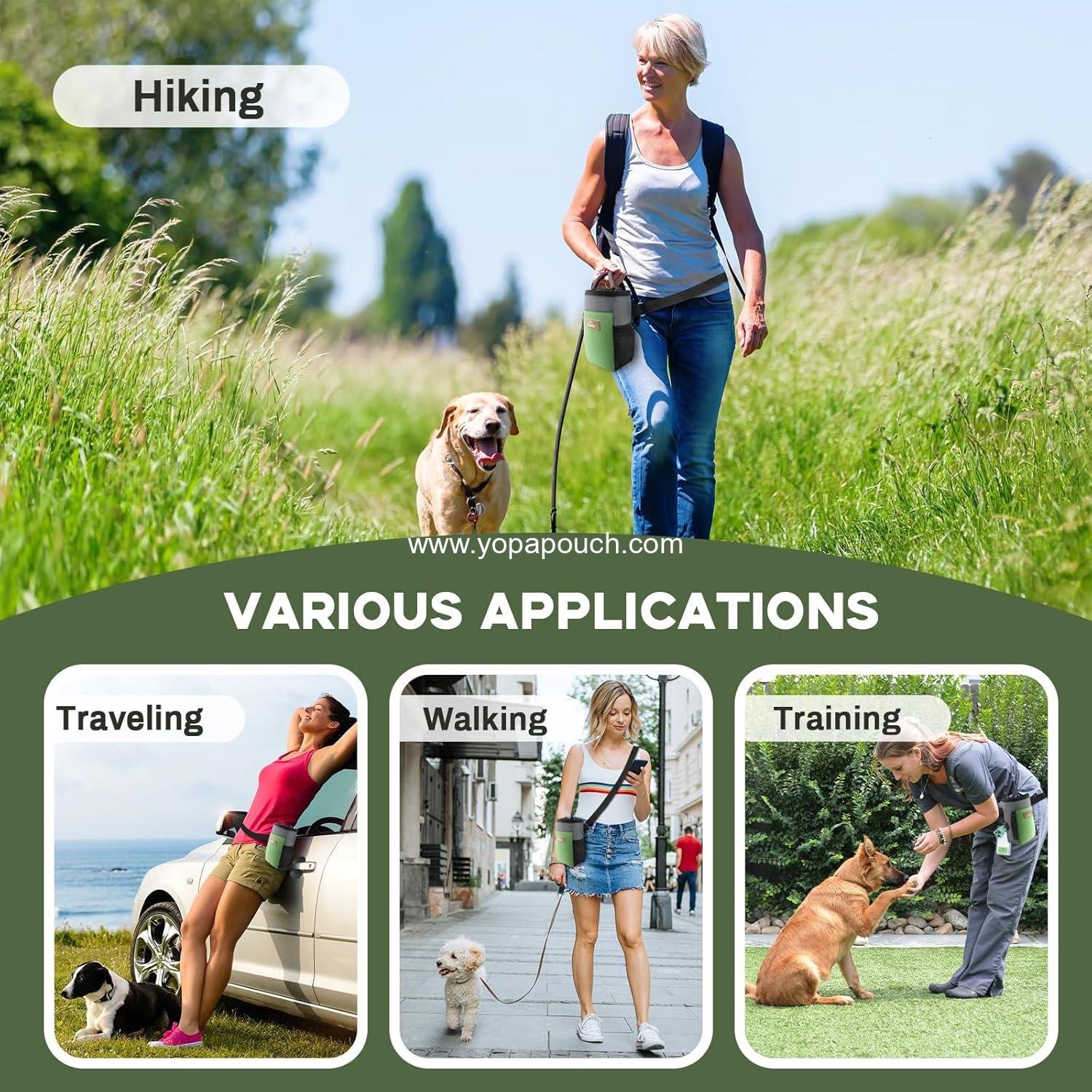 Wholesale Upgraded Large Dog Treat Pouch with Waist Clip - Stylish Green & Grey Design - Spacious Treat Bag for Walks, Outdoor Activities, Travel, and Training - Includes 1 Poop Bag - Supplier