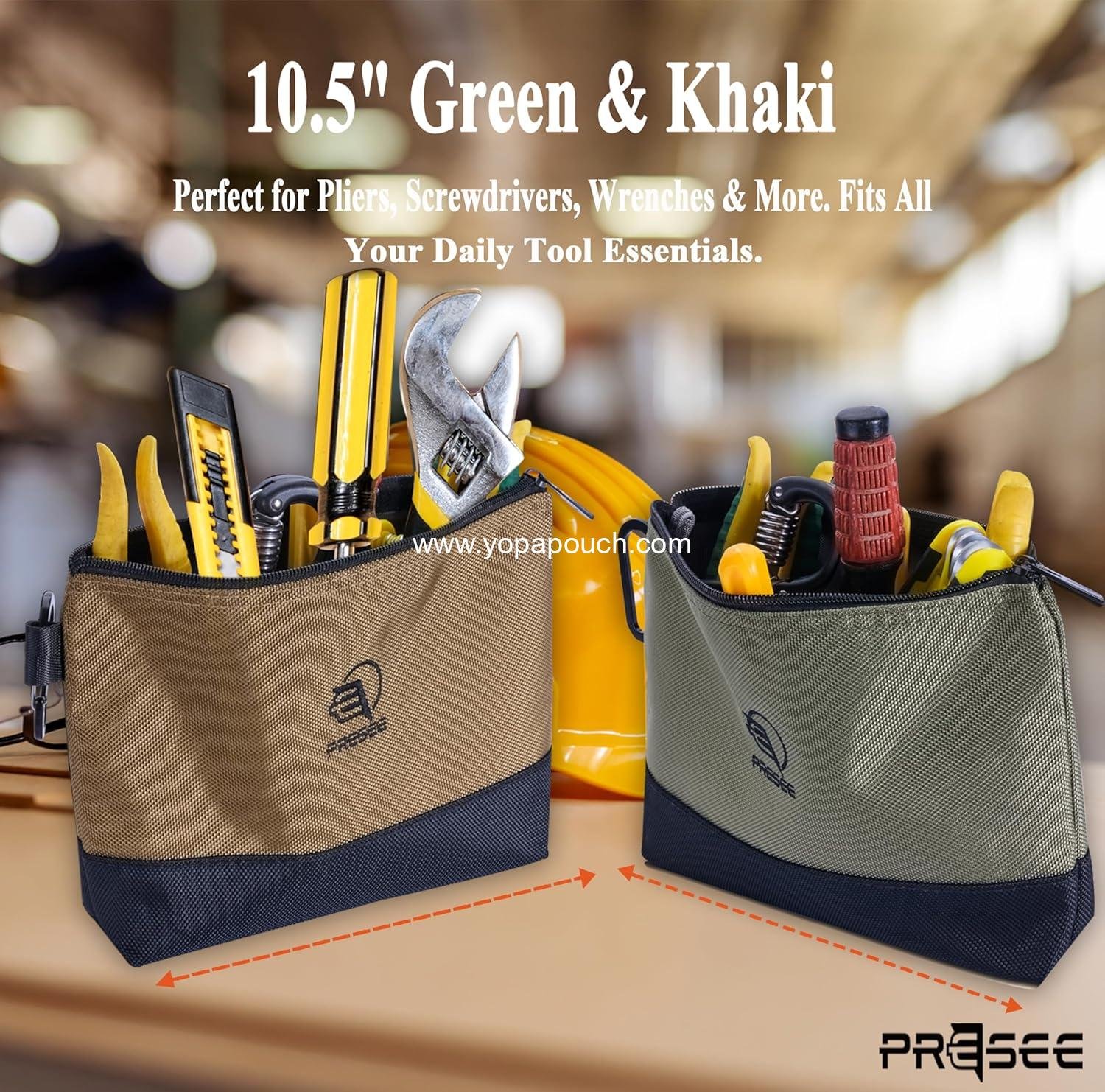 Wholesale Small Tool Pouch Zipper Organizer Bag - 10.5 Inch Heavy Duty Nylon 1680D with Metal Carabiner, Perfect for Tools, Stationery, and Pencils, Pack of 2, Green & Khaki Supplier