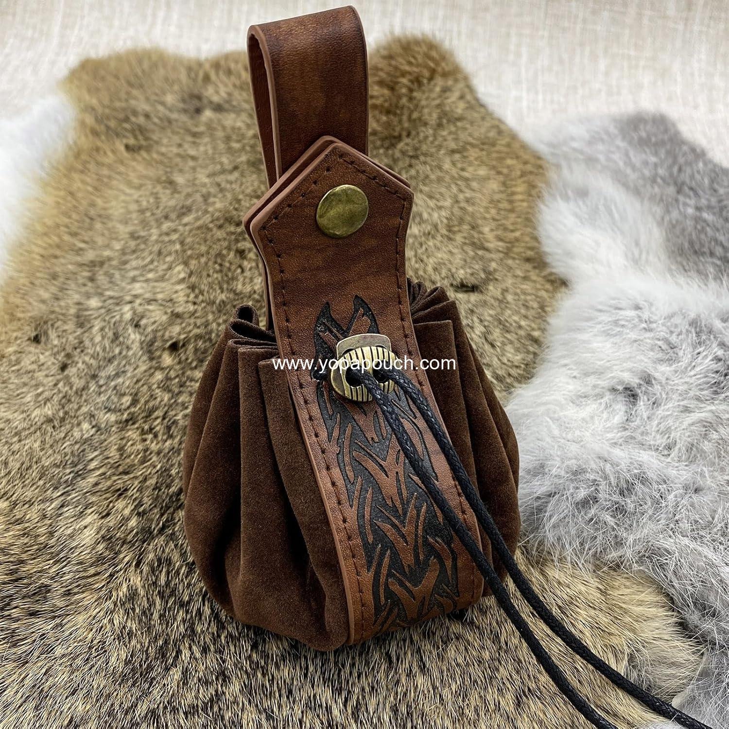Wholesale Medieval Faux Leather Belt Bag and Renaissance Drawstring Pouch Dice Bag - Vintage Side Pack Coin Purse for LARP (Brown A) Supplier