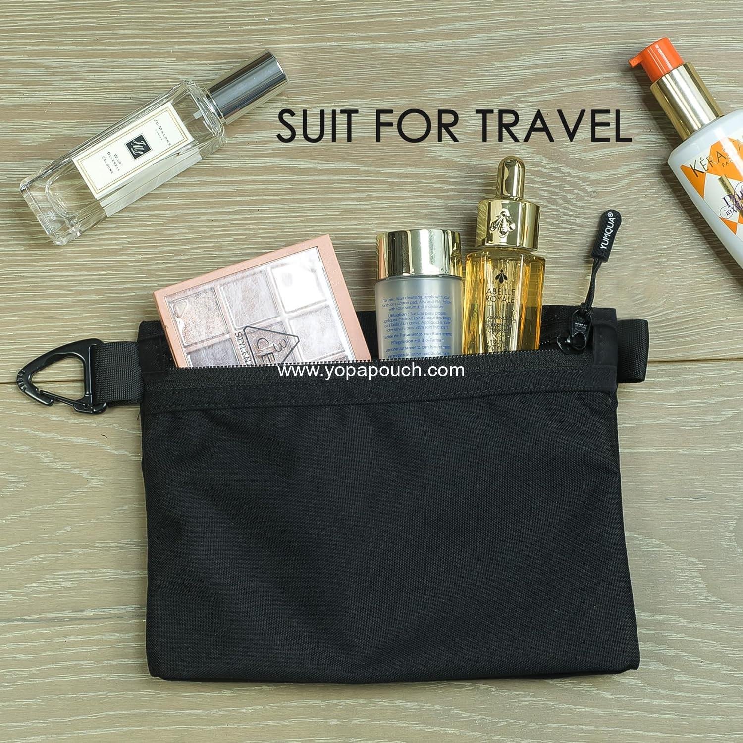 Wholesale Water-Resistant Zipper Pouch with Carabiner Clip, Small Nylon Multipurpose Travel Cosmetics Toiletry Bag Tool Storage, Black Supplier