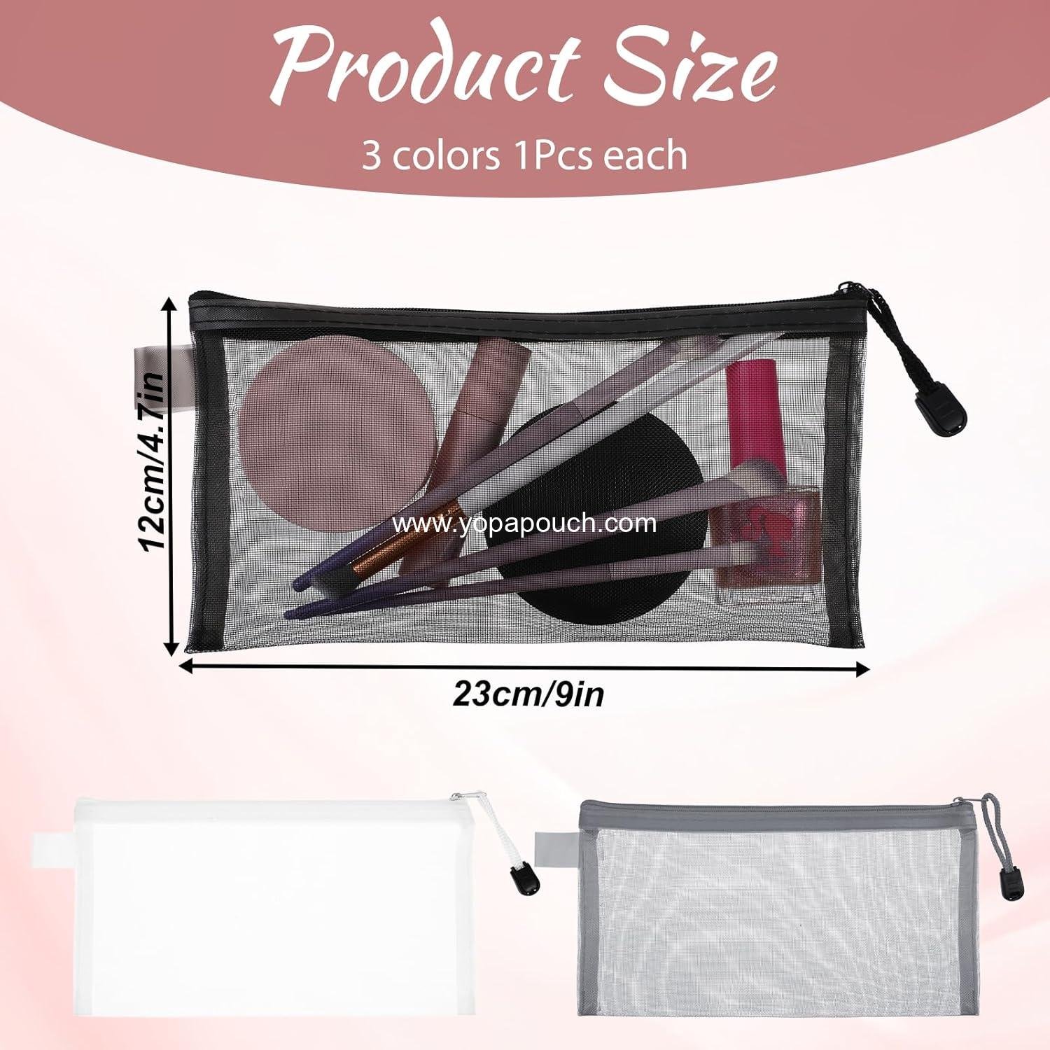 OEM 3 Pack Mesh Makeup Bags - Small Zipper Pouches for Cosmetics, Toiletries, and Pencil Cases (White, Black, Gray) - Travel Organizer Supplier