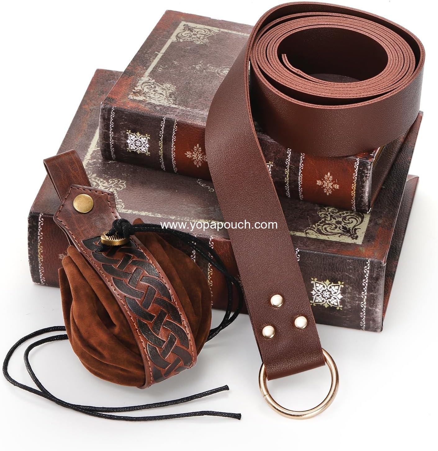 Wholesale Medieval Leather Belts Set with Pouch - 2 Pcs Renaissance Drawstring Bag for Halloween Cosplay, Vintage Knight Waist Bag, ODM