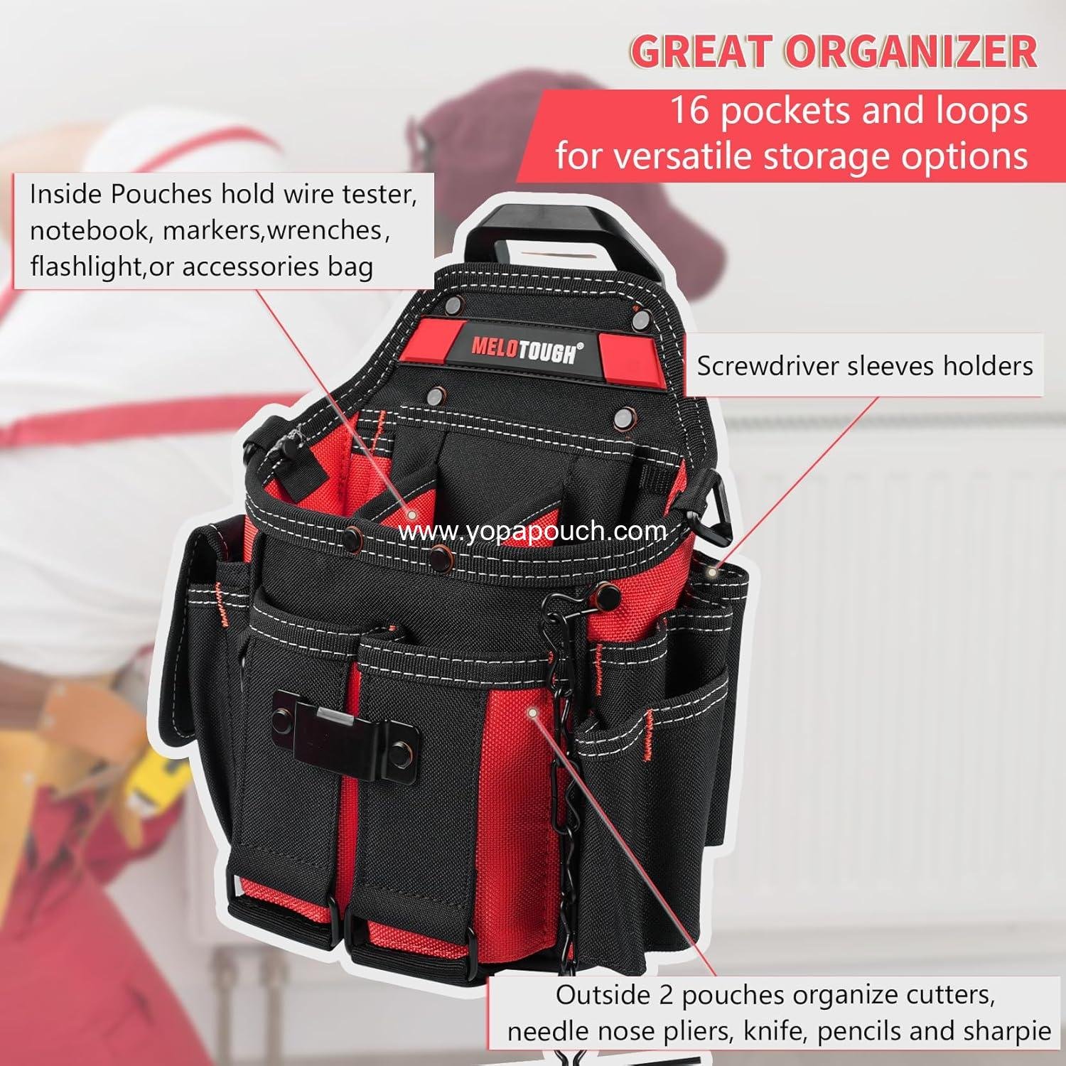 Wholesale Professional Electrician Tool Pouch Bag with Shoulder Strap and Belt Clip for Quick Attachment and Release - Manufacturer