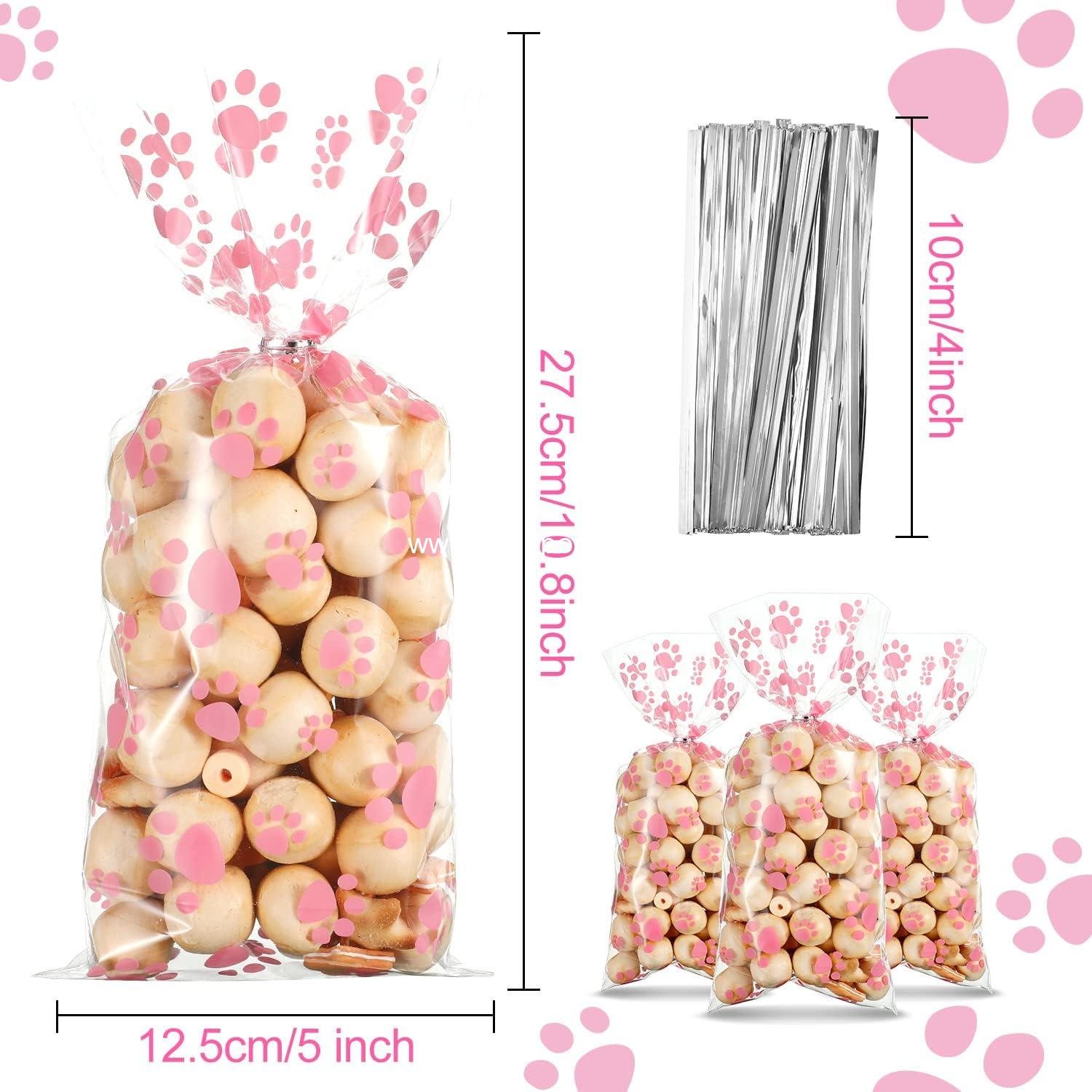 Wholesale 100 Pieces Dog Treat Bags for Puppy Party Favors, Pet Paw Cone Cellophane Bags, Heat Sealable with 100 Silver Twist Ties for Pet Cat Treat Party Favors (Pink) - Supplier