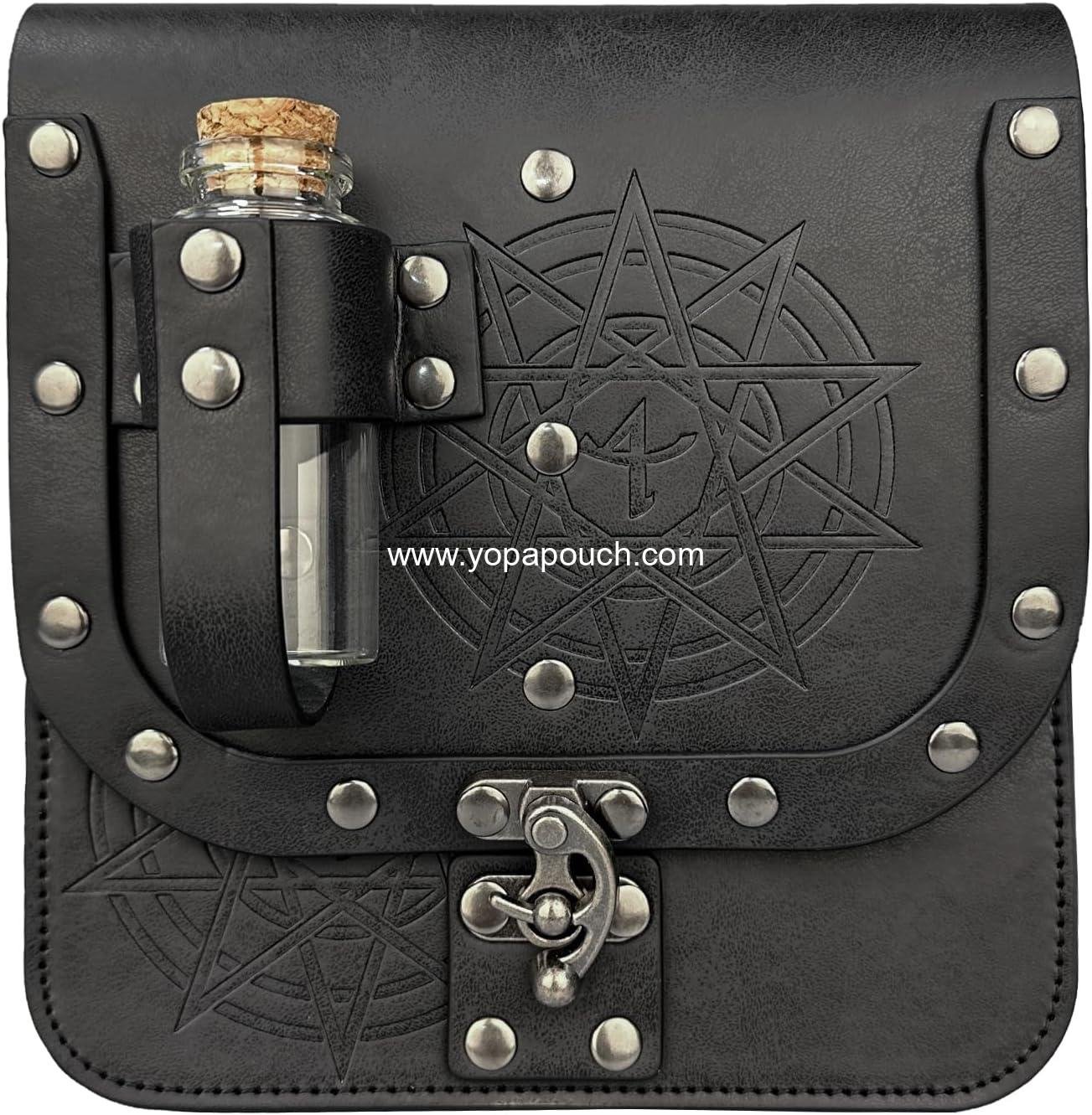 Wholesale Medieval Alchemy Faux Leather Belt Bag with Cork Potion Vials, Fantasy Wizard Waist Pouch Side Pack for Halloween, Black Color - Supplier