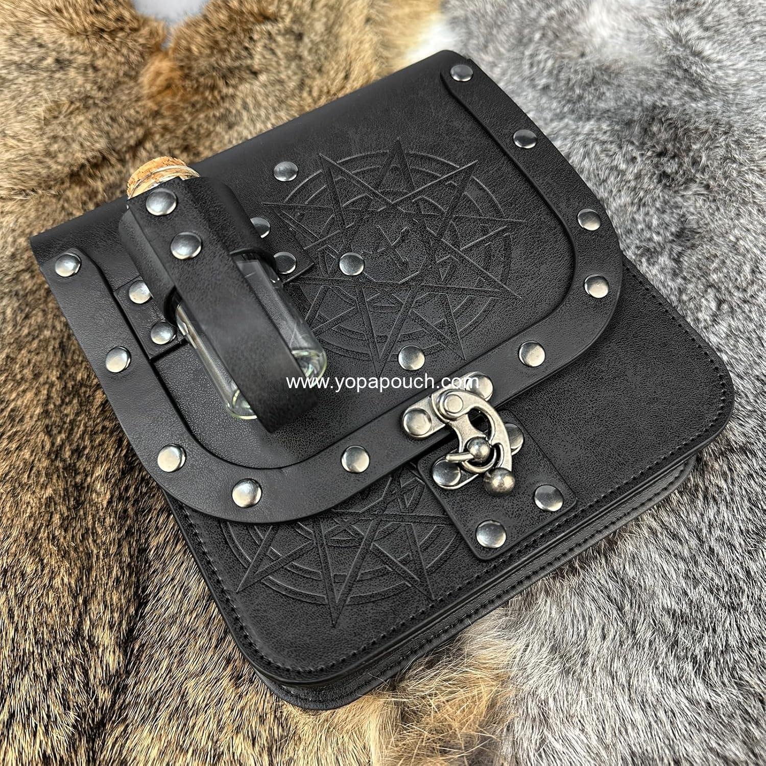 Wholesale Medieval Alchemy Faux Leather Belt Bag with Cork Potion Vials, Fantasy Wizard Waist Pouch Side Pack for Halloween, Black Color - Supplier