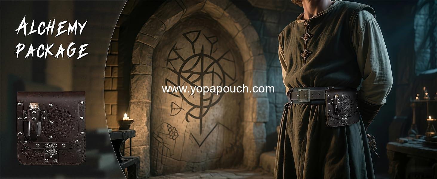 Wholesale Medieval Alchemy Faux Leather Belt Bag with Cork Potion Vials, Fantasy Wizard Waist Pouch Side Pack for Halloween, Black Color - Supplier